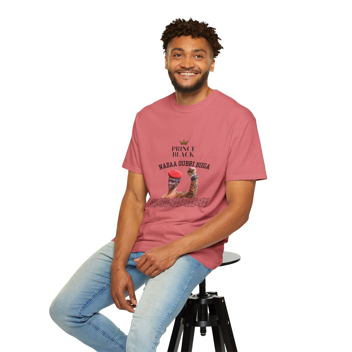 Nabaa Oubri biiga Cultural Heritage Unisex Garment-Dyed T-Shirt - 'Prince Black' with Floral Design