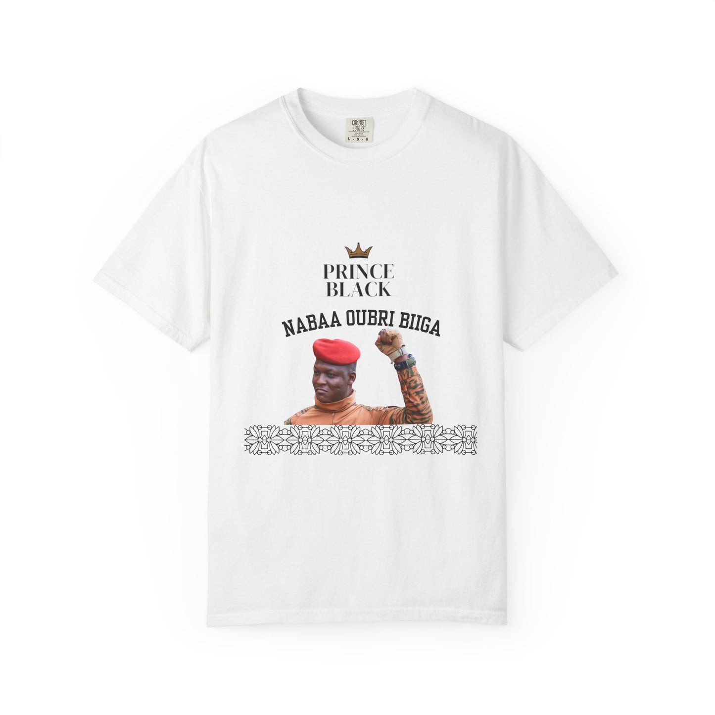 Nabaa Oubri biiga Cultural Heritage Unisex Garment-Dyed T-Shirt - 'Prince Black' with Floral Design