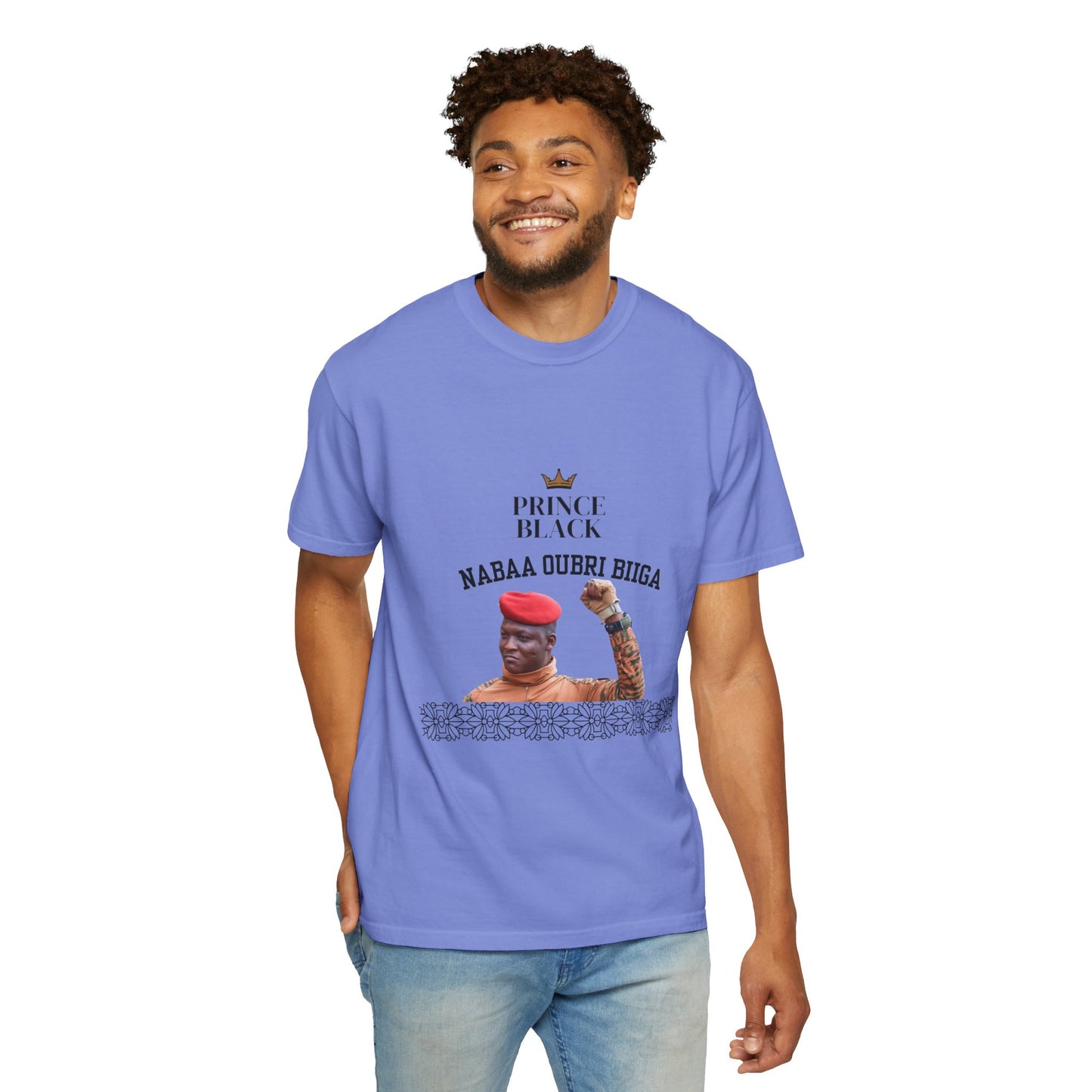 Nabaa Oubri biiga Cultural Heritage Unisex Garment-Dyed T-Shirt - 'Prince Black' with Floral Design