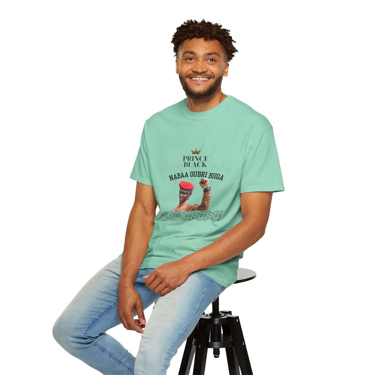 Nabaa Oubri biiga Cultural Heritage Unisex Garment-Dyed T-Shirt - 'Prince Black' with Floral Design