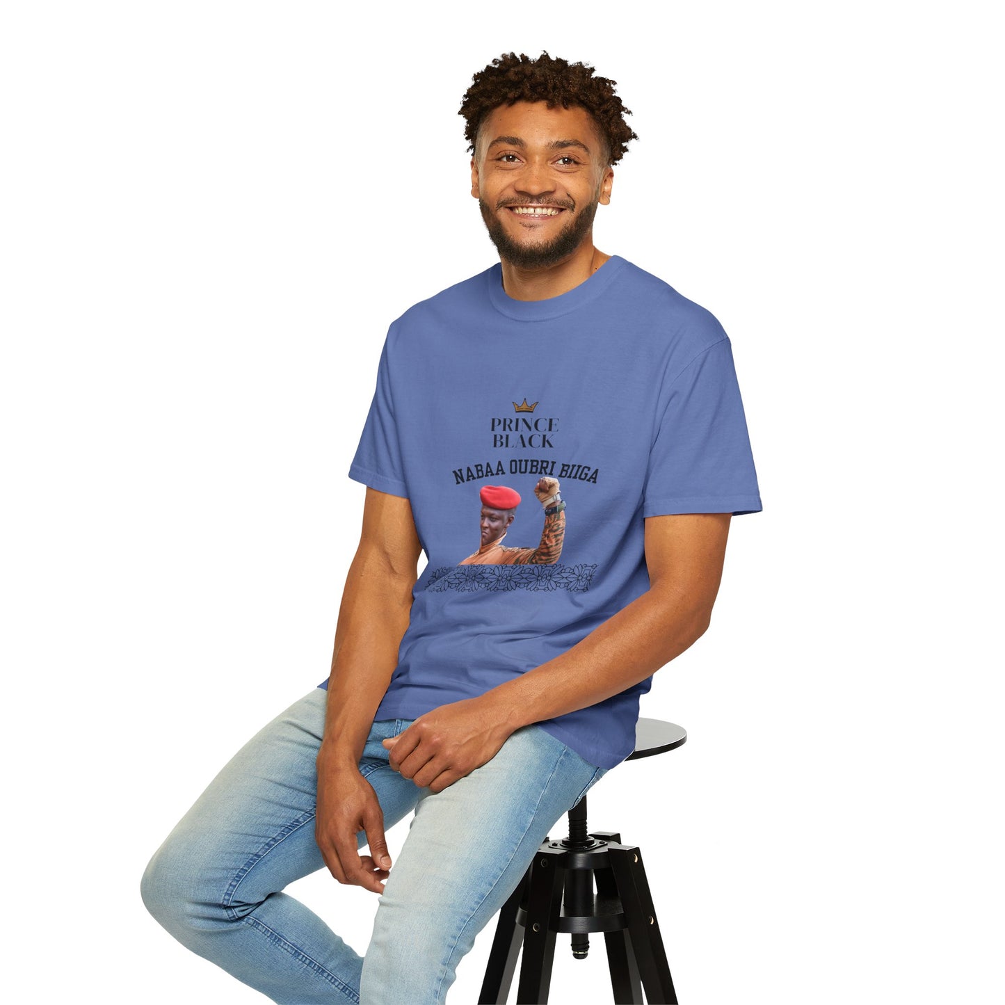 Nabaa Oubri biiga Cultural Heritage Unisex Garment-Dyed T-Shirt - 'Prince Black' with Floral Design