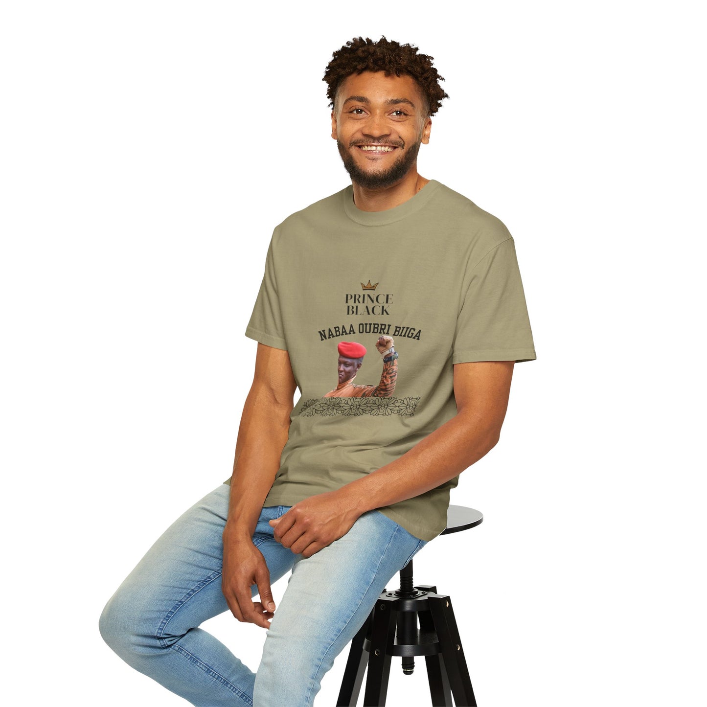Nabaa Oubri biiga Cultural Heritage Unisex Garment-Dyed T-Shirt - 'Prince Black' with Floral Design