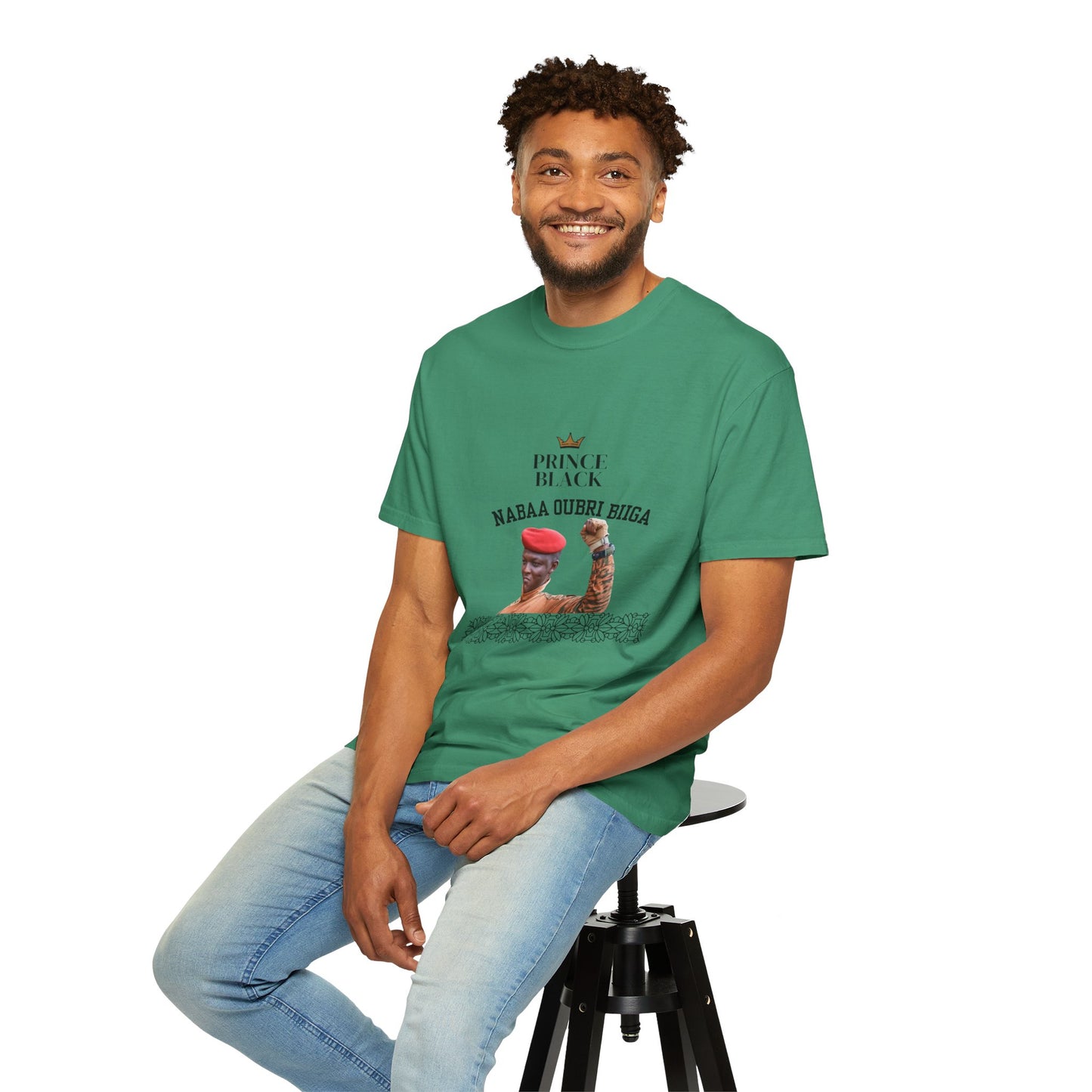Nabaa Oubri biiga Cultural Heritage Unisex Garment-Dyed T-Shirt - 'Prince Black' with Floral Design