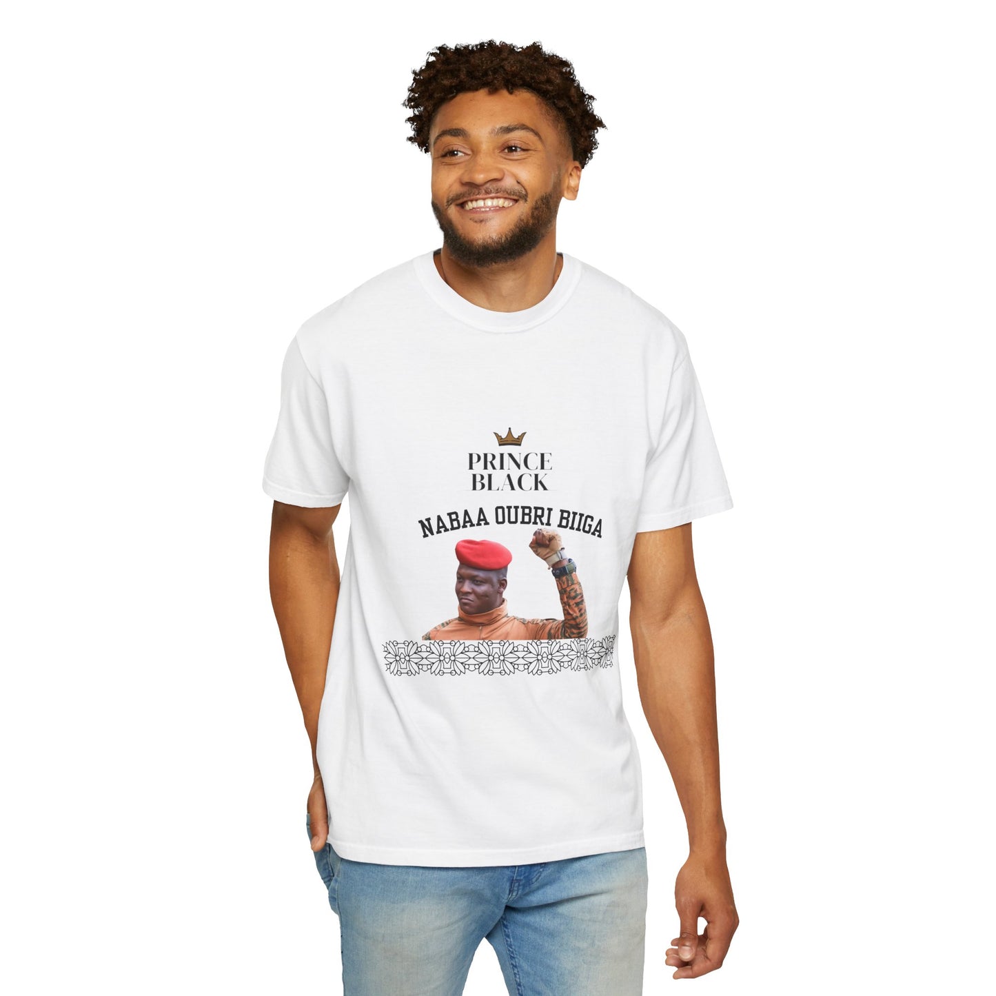 Nabaa Oubri biiga Cultural Heritage Unisex Garment-Dyed T-Shirt - 'Prince Black' with Floral Design
