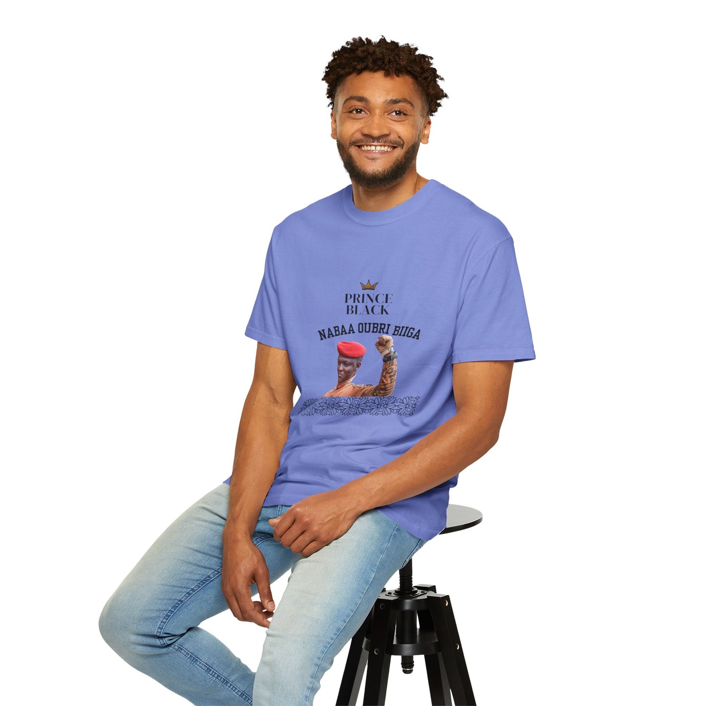 Nabaa Oubri biiga Cultural Heritage Unisex Garment-Dyed T-Shirt - 'Prince Black' with Floral Design