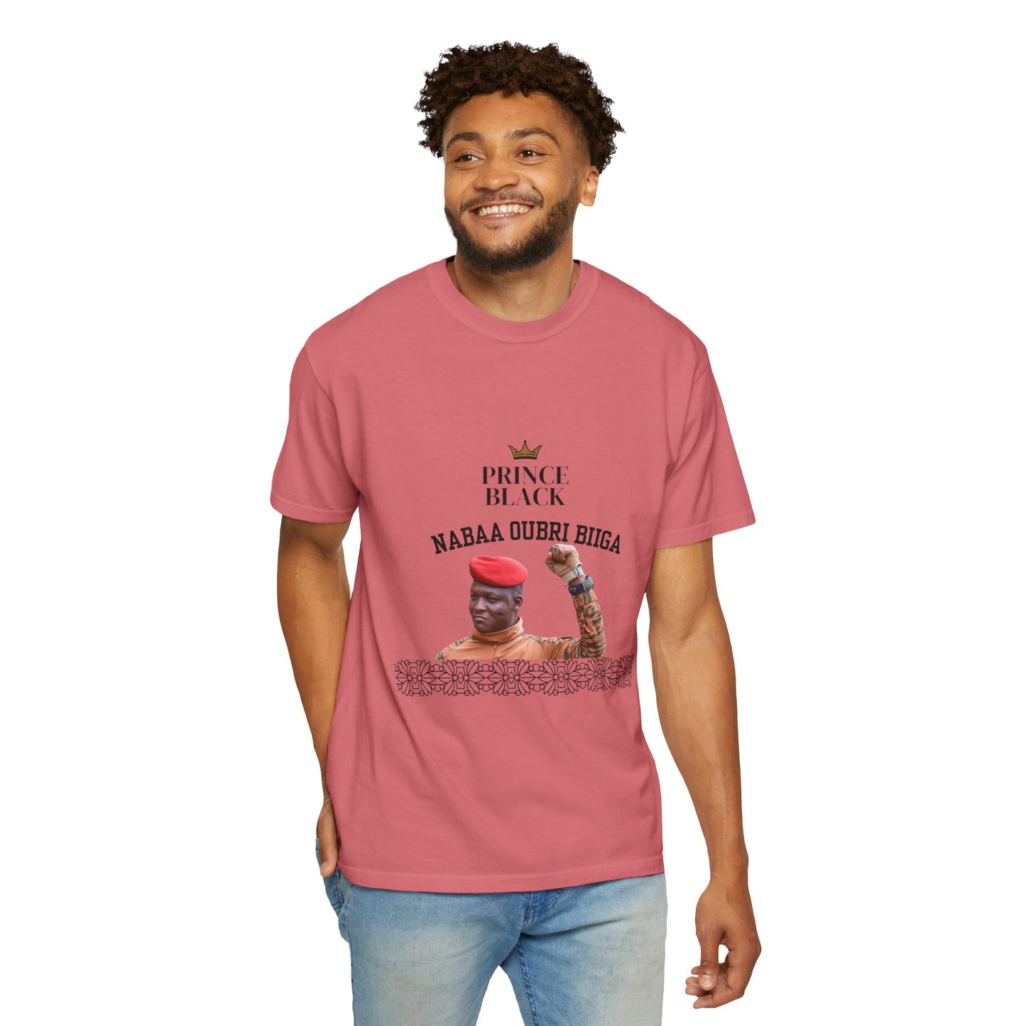 Nabaa Oubri biiga Cultural Heritage Unisex Garment-Dyed T-Shirt - 'Prince Black' with Floral Design