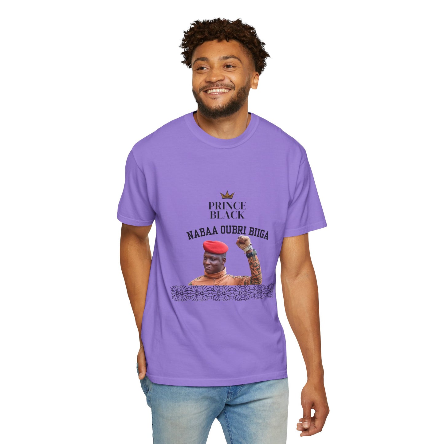 Nabaa Oubri biiga Cultural Heritage Unisex Garment-Dyed T-Shirt - 'Prince Black' with Floral Design