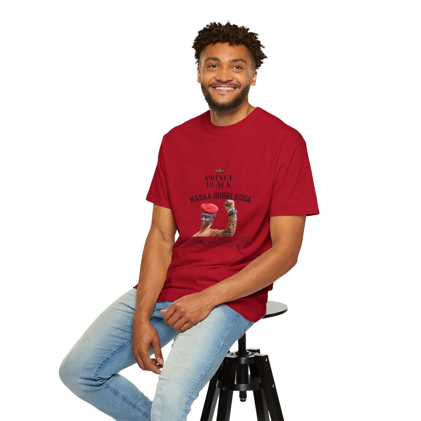 Nabaa Oubri biiga Cultural Heritage Unisex Garment-Dyed T-Shirt - 'Prince Black' with Floral Design