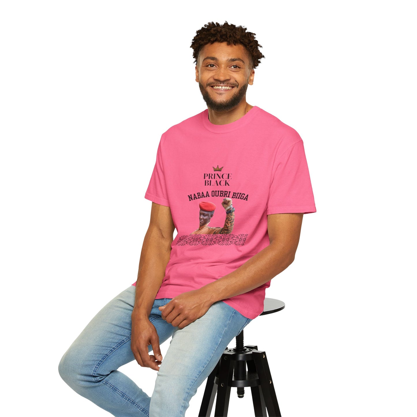 Nabaa Oubri biiga Cultural Heritage Unisex Garment-Dyed T-Shirt - 'Prince Black' with Floral Design