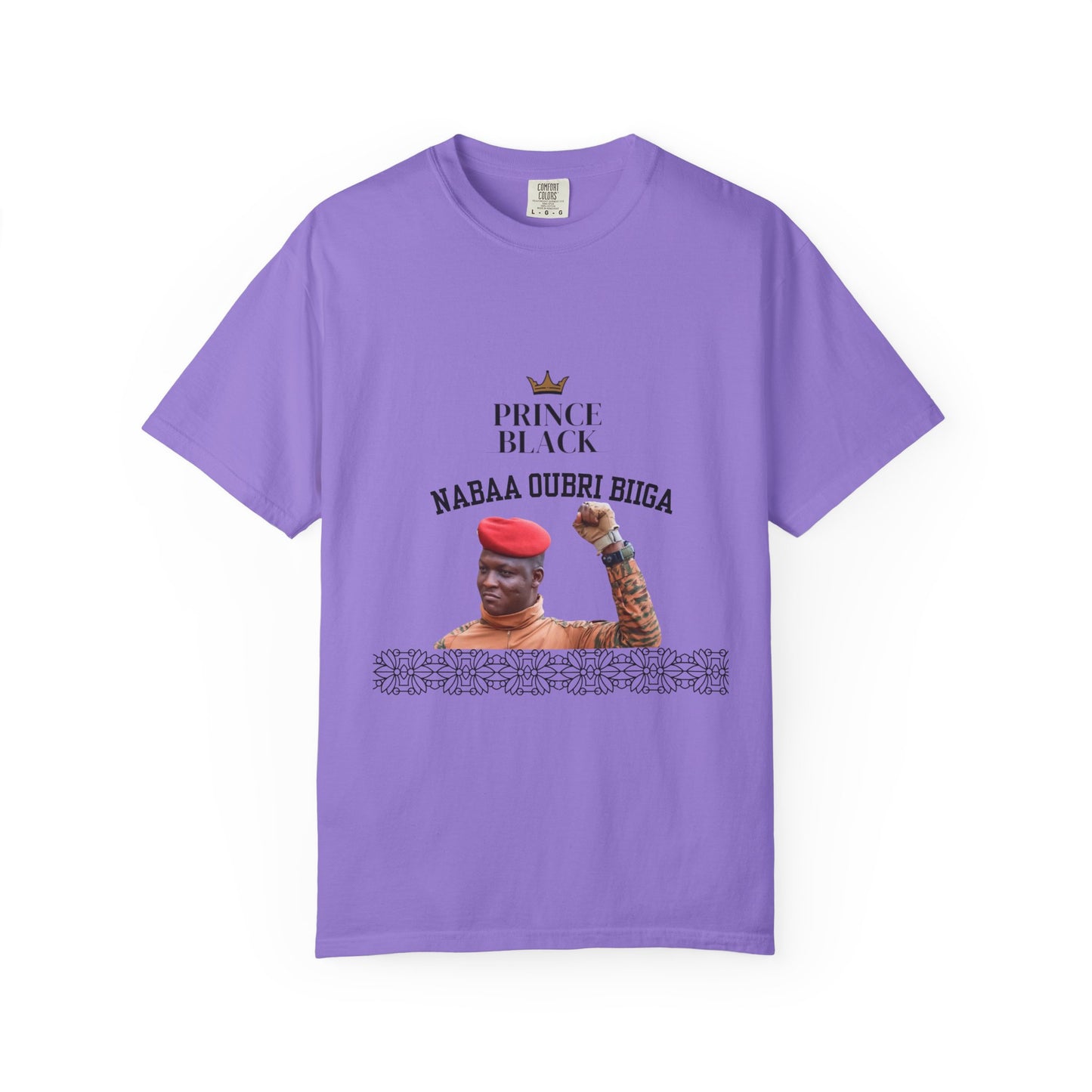Nabaa Oubri biiga Cultural Heritage Unisex Garment-Dyed T-Shirt - 'Prince Black' with Floral Design