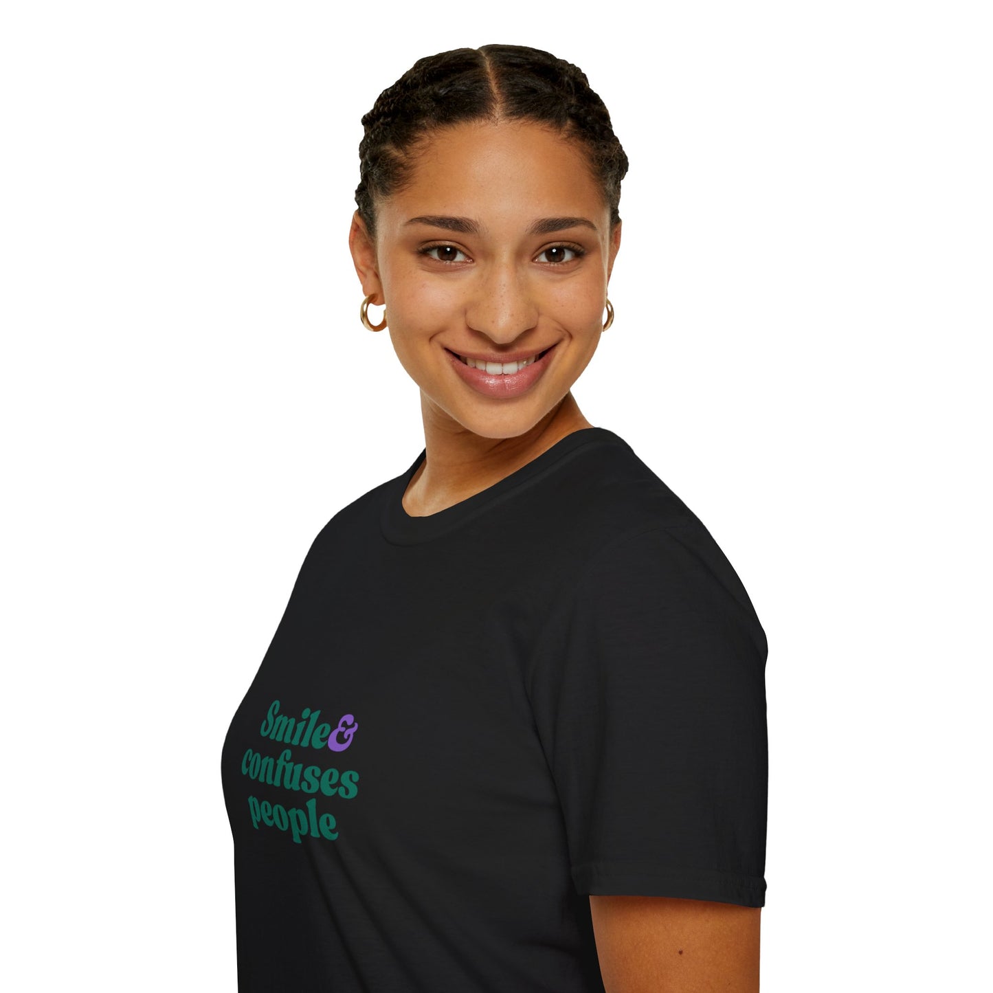 Funny Unisex Softstyle T-Shirt - "Smile & Confuses People"