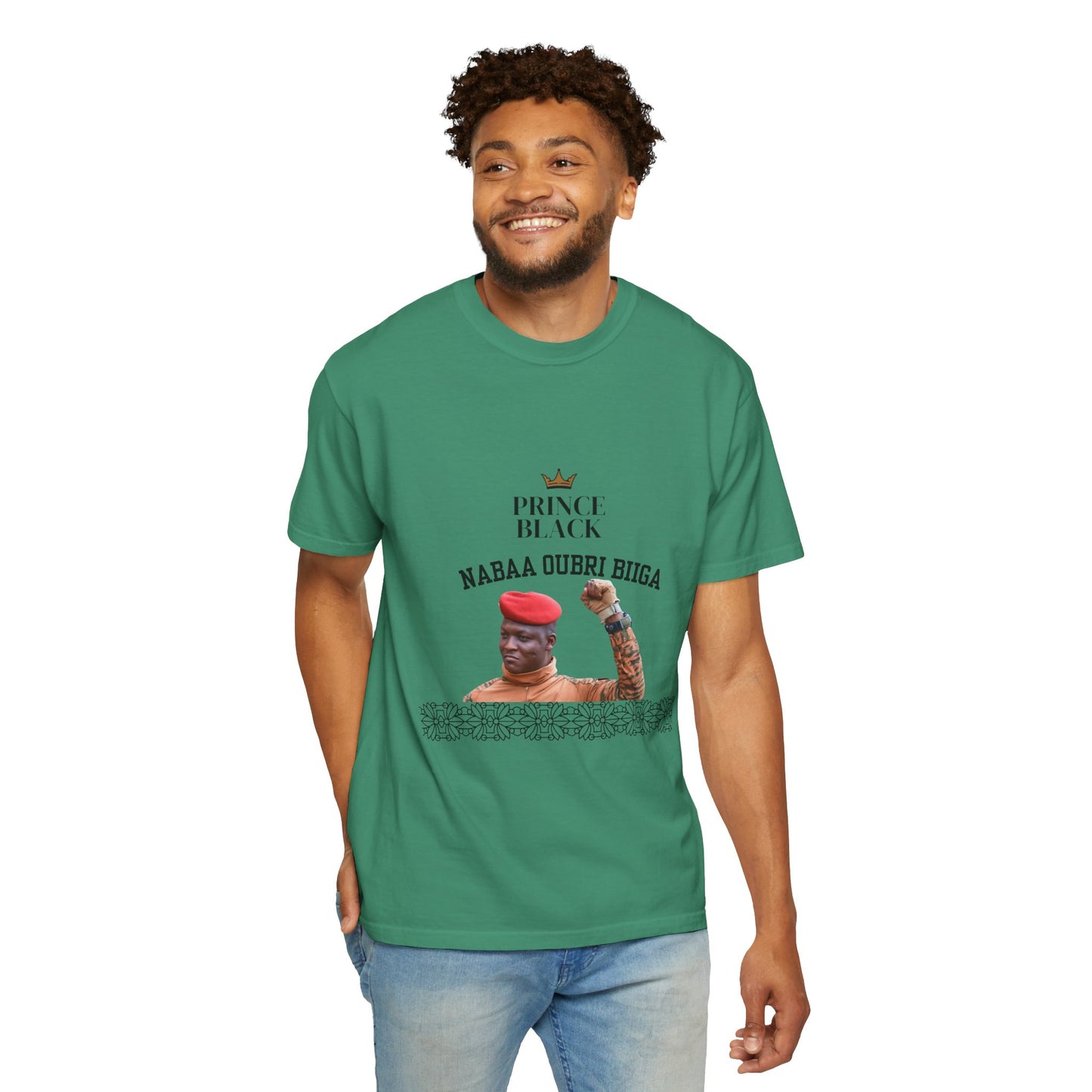 Nabaa Oubri biiga Cultural Heritage Unisex Garment-Dyed T-Shirt - 'Prince Black' with Floral Design
