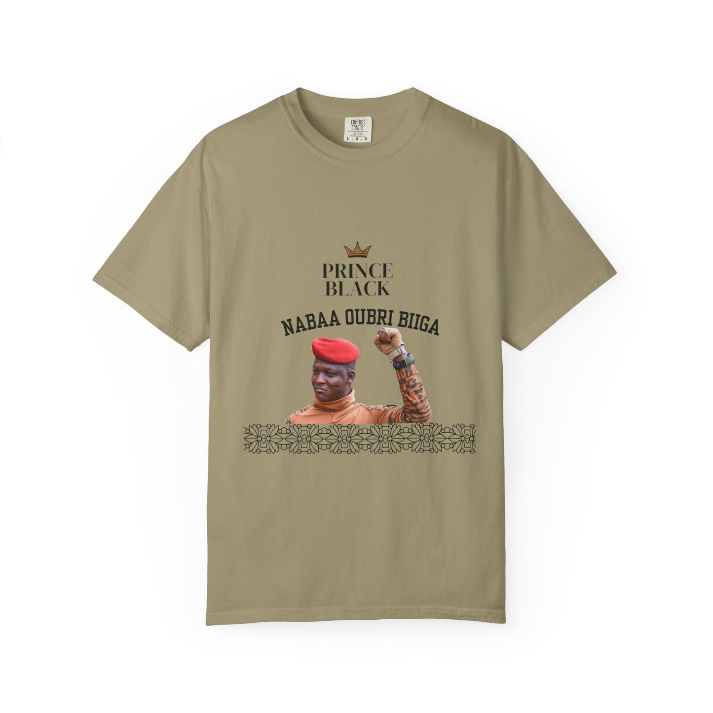 Nabaa Oubri biiga Cultural Heritage Unisex Garment-Dyed T-Shirt - 'Prince Black' with Floral Design