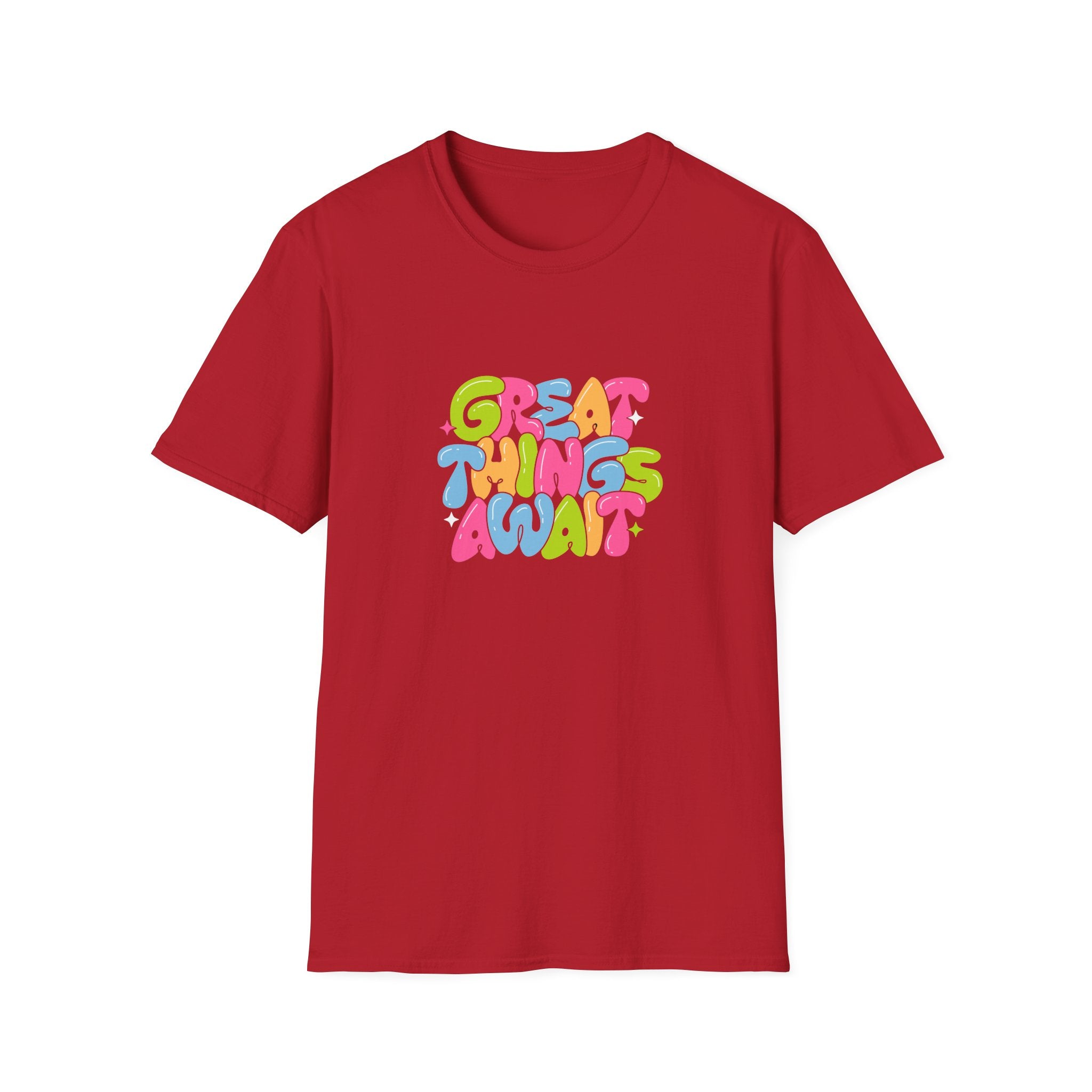 Great Things Await Unisex Softstyle T-Shirt - Vibrant Motivational Tee