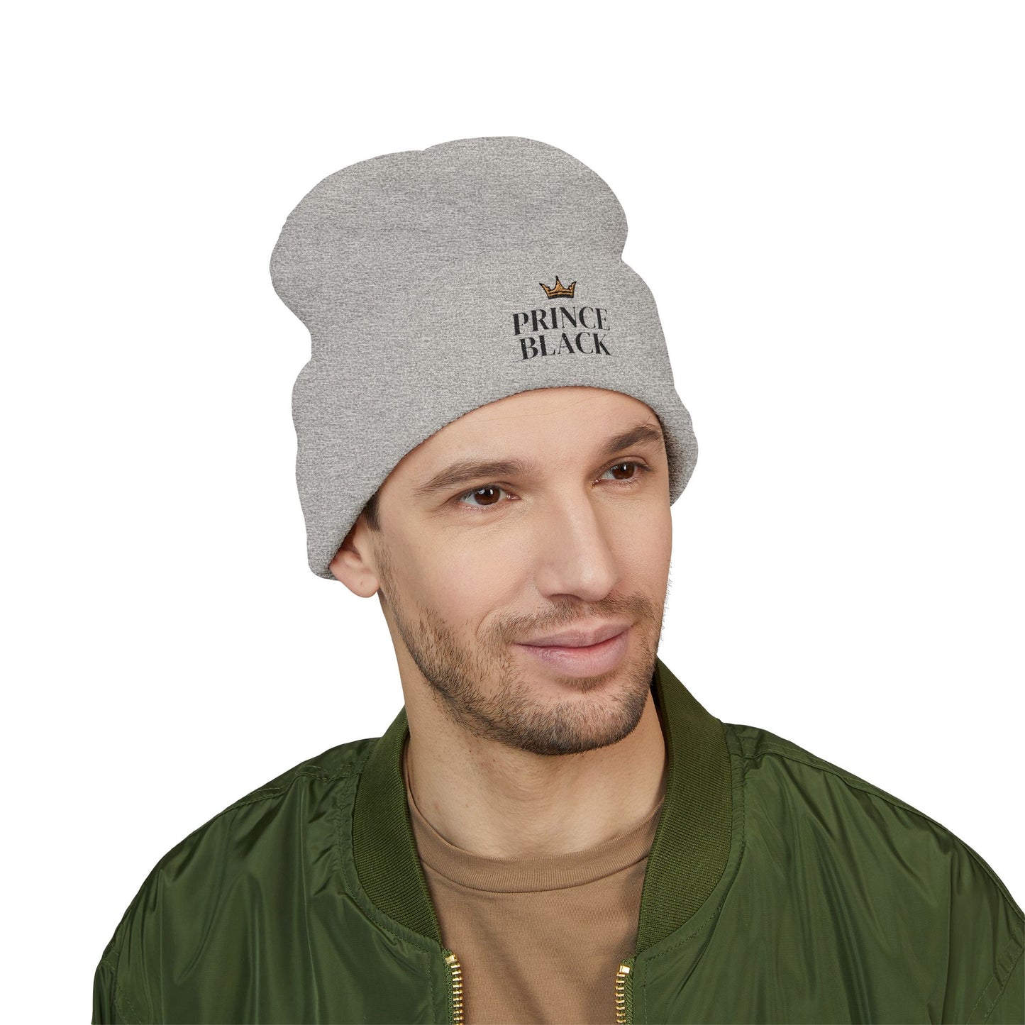 Embroidered Classic Cuffed Beanie - 'Prince Black' White Hat