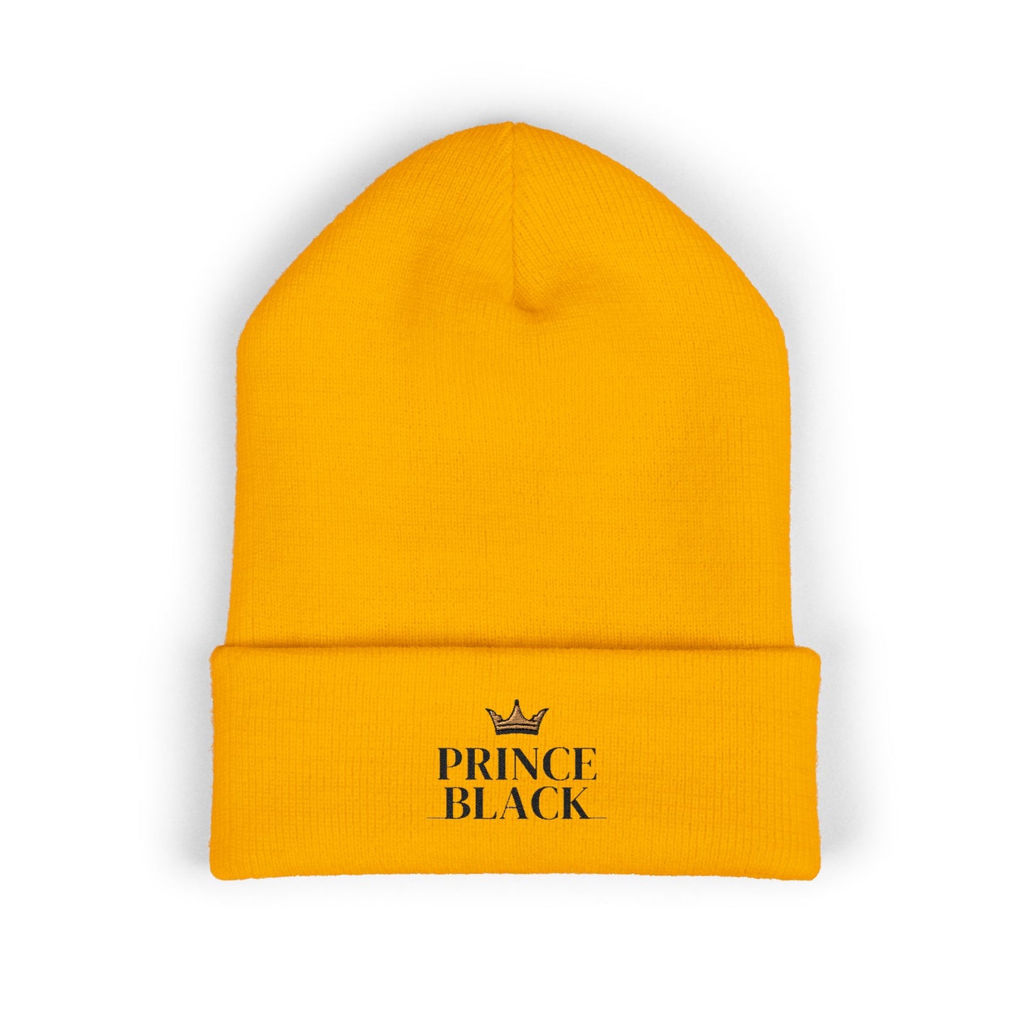 Embroidered Classic Cuffed Beanie - 'Prince Black' White Hat