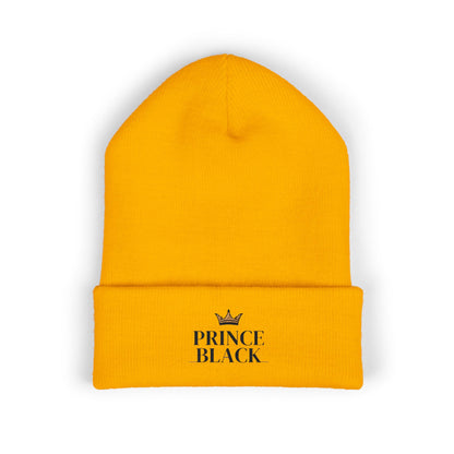 Embroidered Classic Cuffed Beanie - 'Prince Black' White Hat