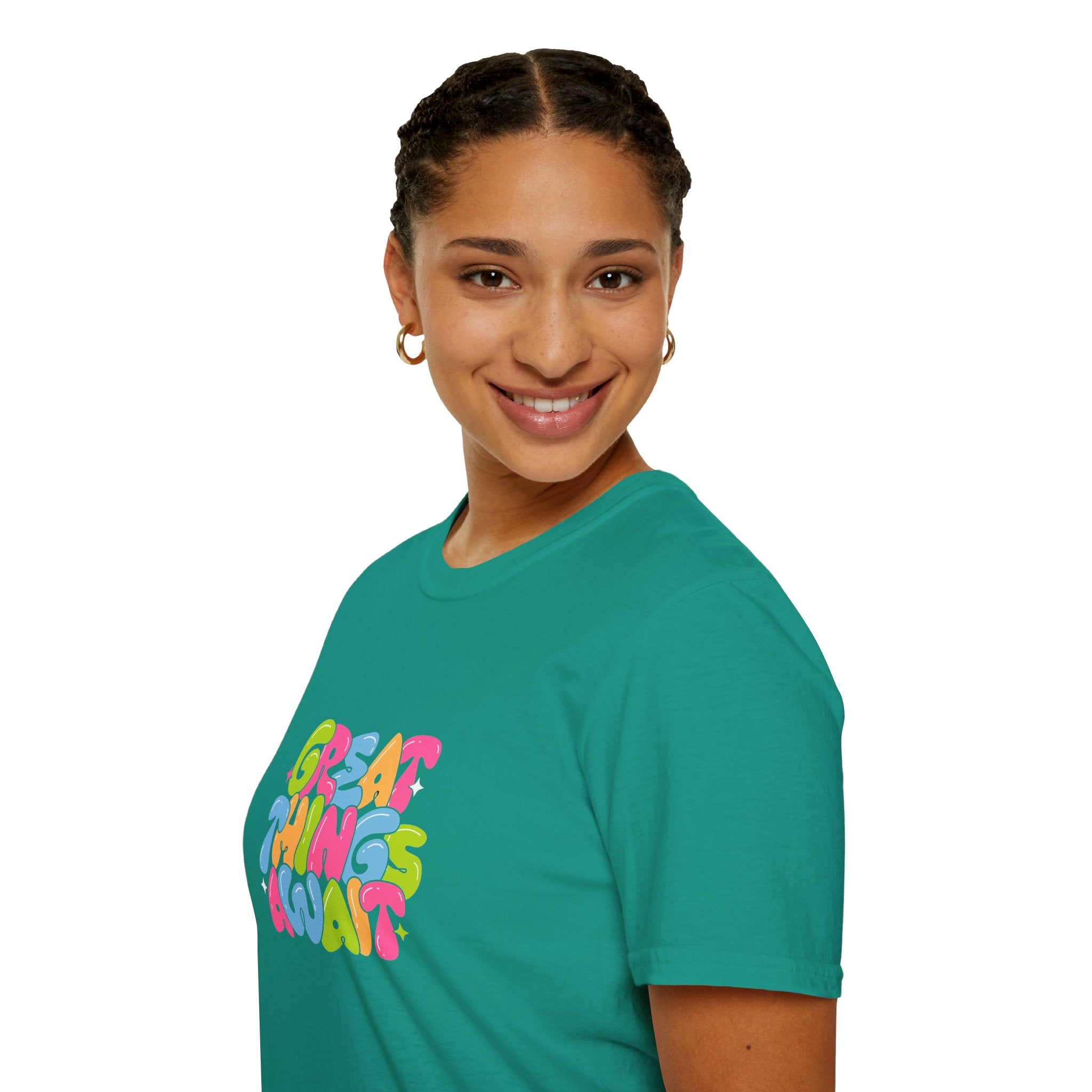 Great Things Await Unisex Softstyle T-Shirt - Vibrant Motivational Tee