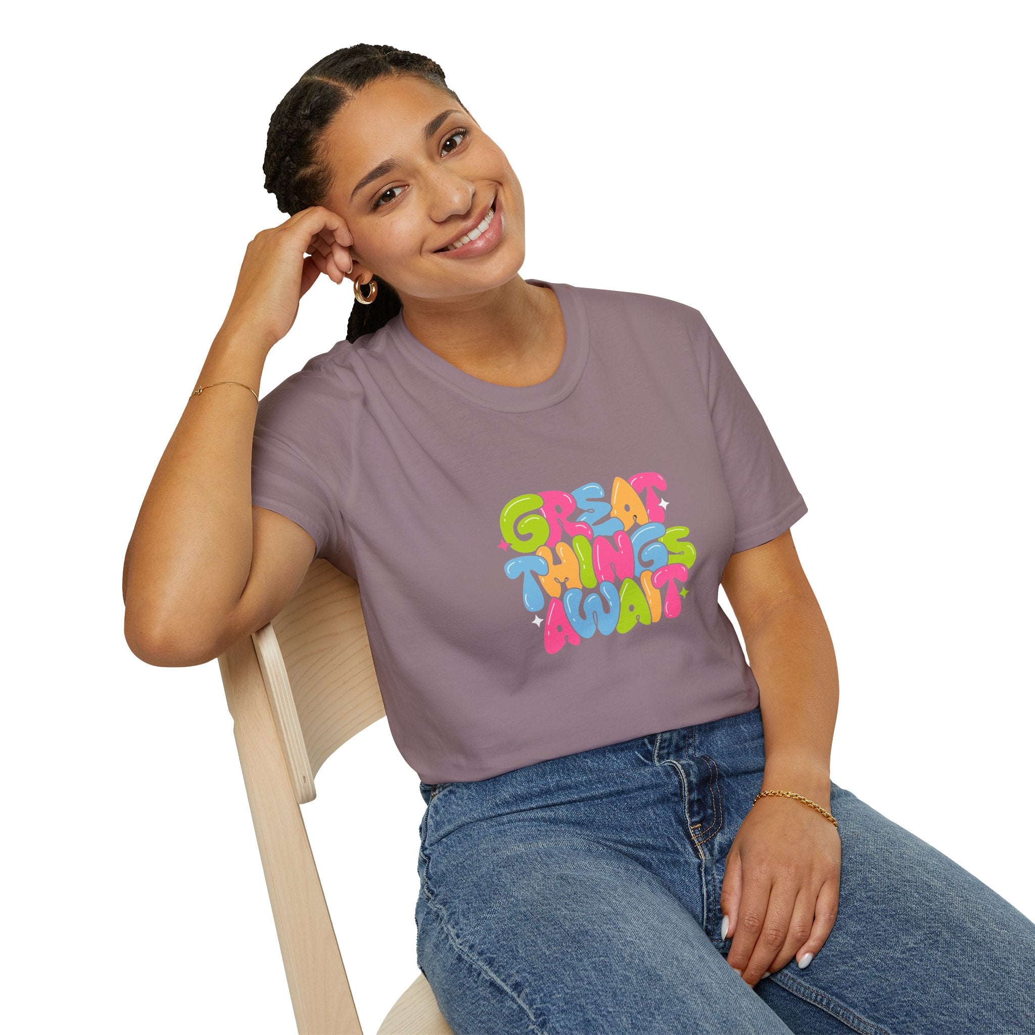 Great Things Await Unisex Softstyle T-Shirt - Vibrant Motivational Tee