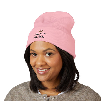 Embroidered Classic Cuffed Beanie - 'Prince Black' White Hat