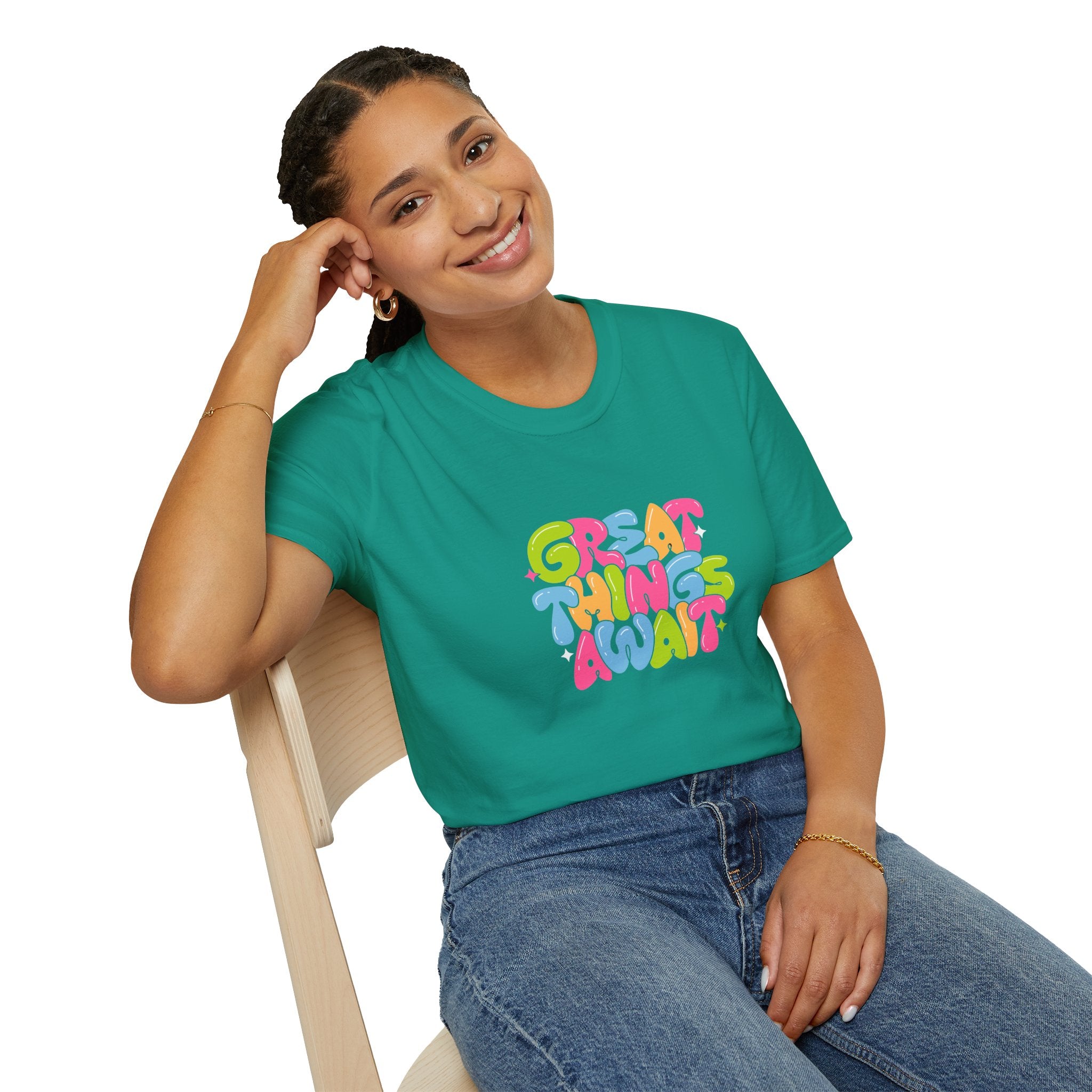 Great Things Await Unisex Softstyle T-Shirt - Vibrant Motivational Tee