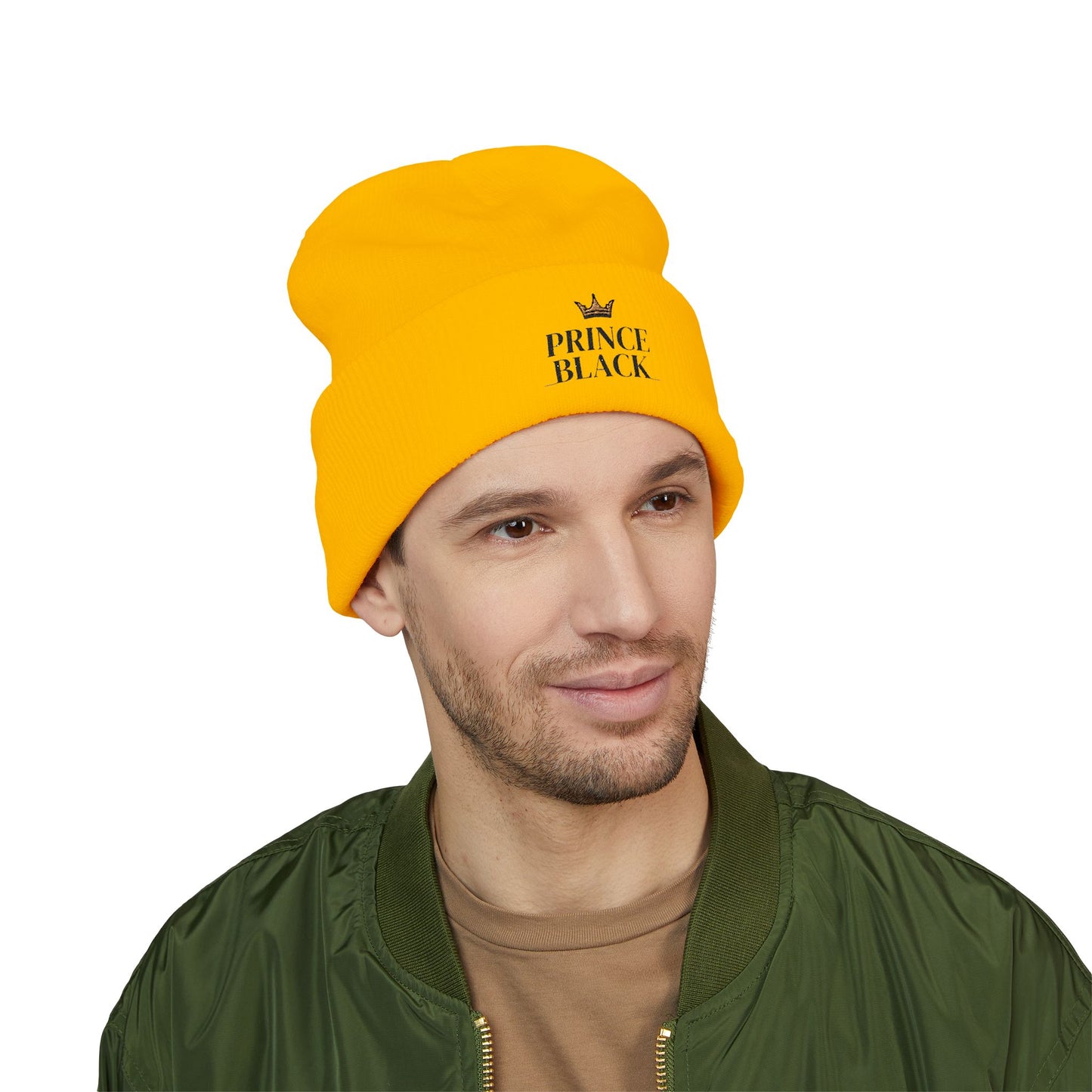 Embroidered Classic Cuffed Beanie - 'Prince Black' White Hat