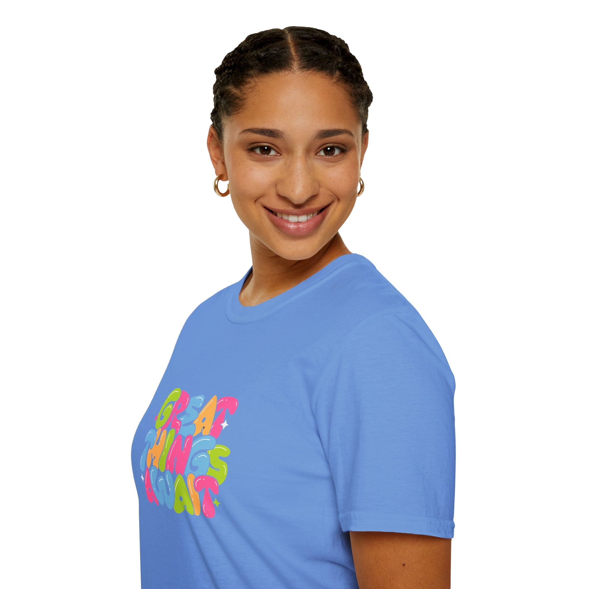 Great Things Await Unisex Softstyle T-Shirt - Vibrant Motivational Tee