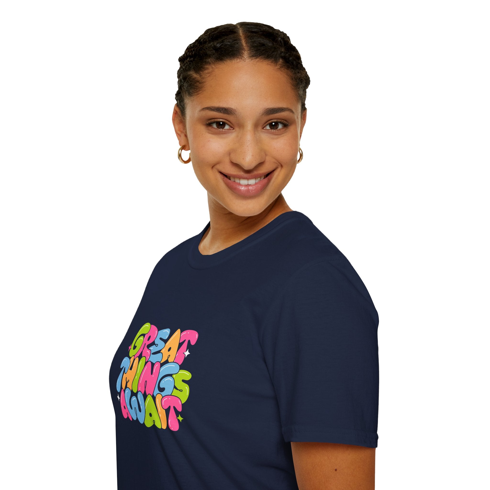 Great Things Await Unisex Softstyle T-Shirt - Vibrant Motivational Tee