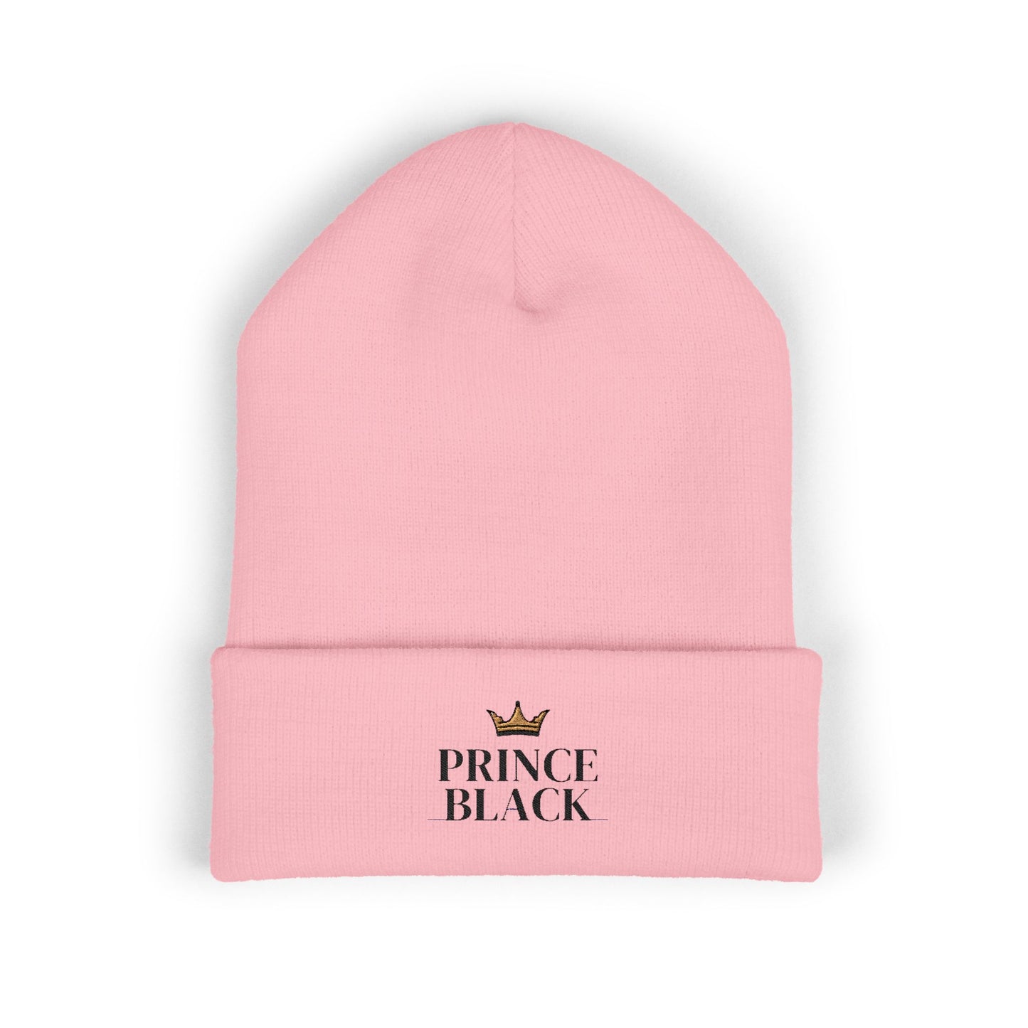 Embroidered Classic Cuffed Beanie - 'Prince Black' White Hat