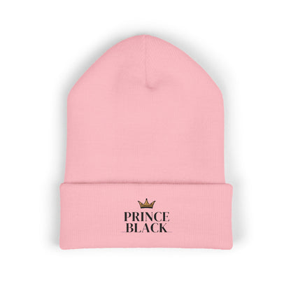 Embroidered Classic Cuffed Beanie - 'Prince Black' White Hat