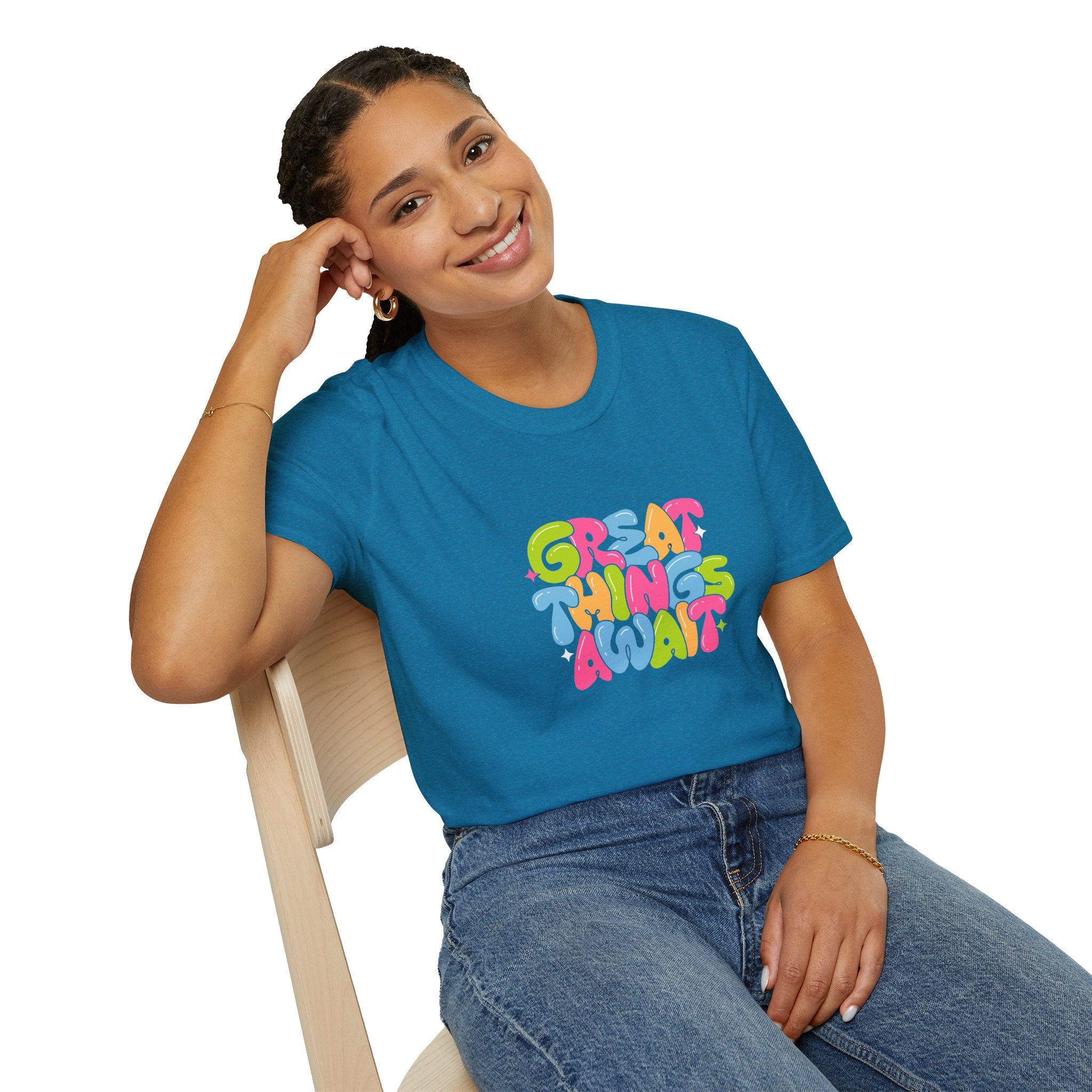 Great Things Await Unisex Softstyle T-Shirt - Vibrant Motivational Tee