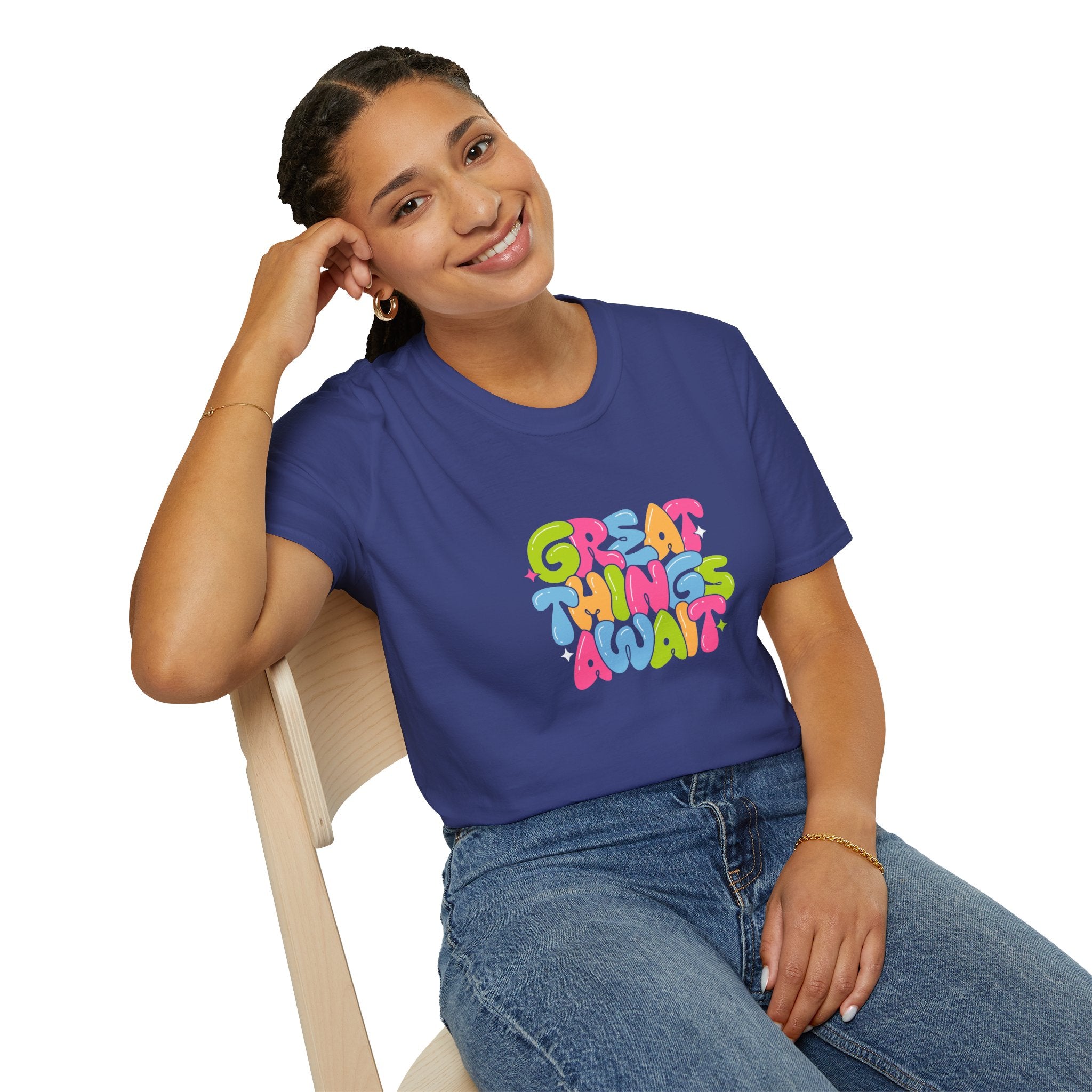 Great Things Await Unisex Softstyle T-Shirt - Vibrant Motivational Tee