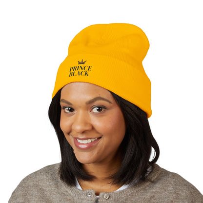 Embroidered Classic Cuffed Beanie - 'Prince Black' White Hat