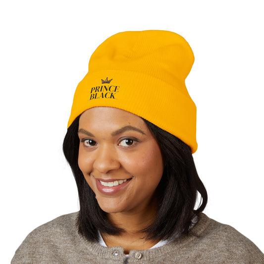 Embroidered Classic Cuffed Beanie - 'Prince Black' White Hat