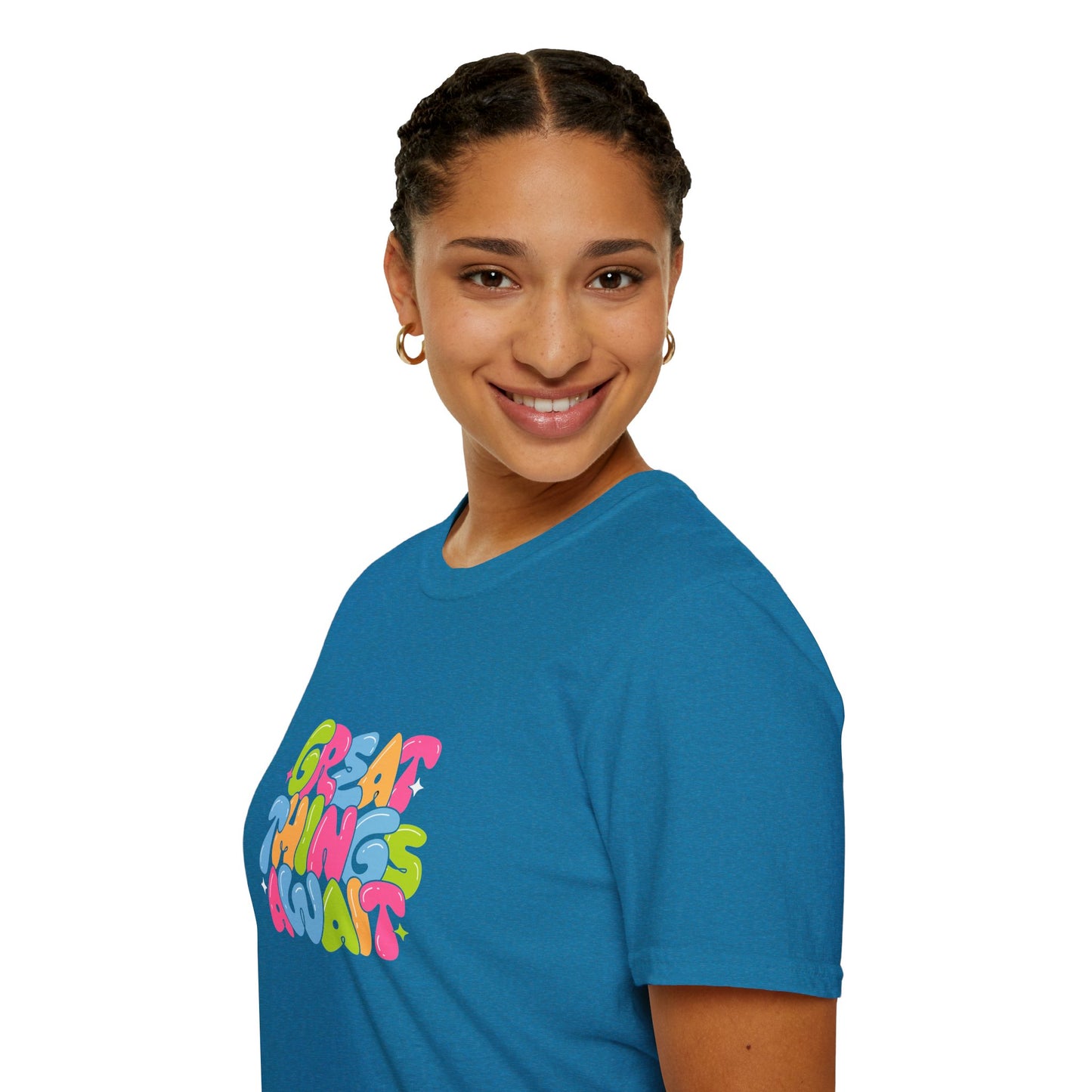 Great Things Await Unisex Softstyle T-Shirt - Vibrant Motivational Tee
