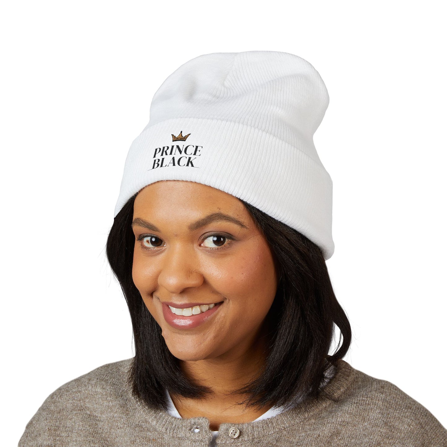 Embroidered Classic Cuffed Beanie - 'Prince Black' White Hat