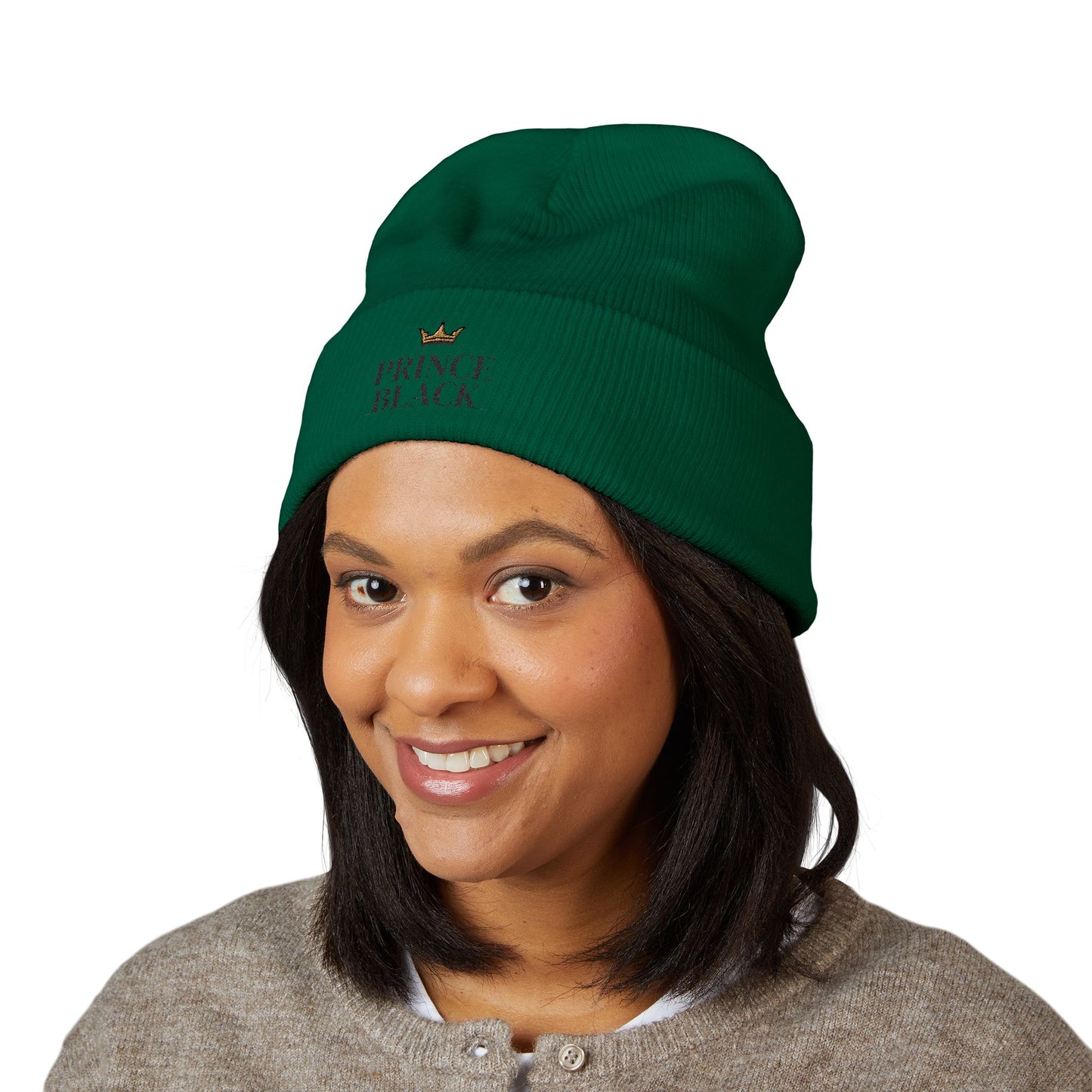 Embroidered Classic Cuffed Beanie - 'Prince Black' White Hat