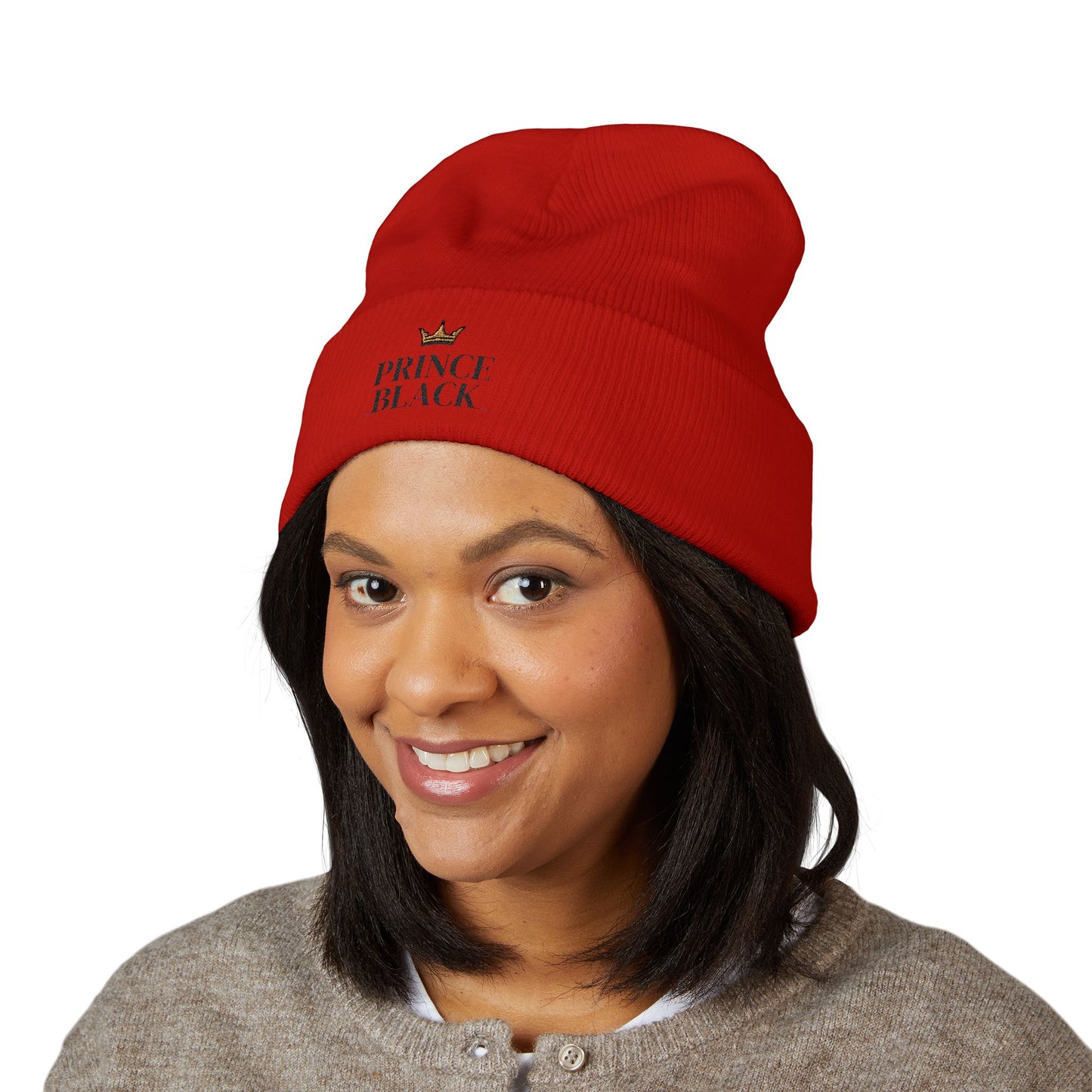 Embroidered Classic Cuffed Beanie - 'Prince Black' White Hat