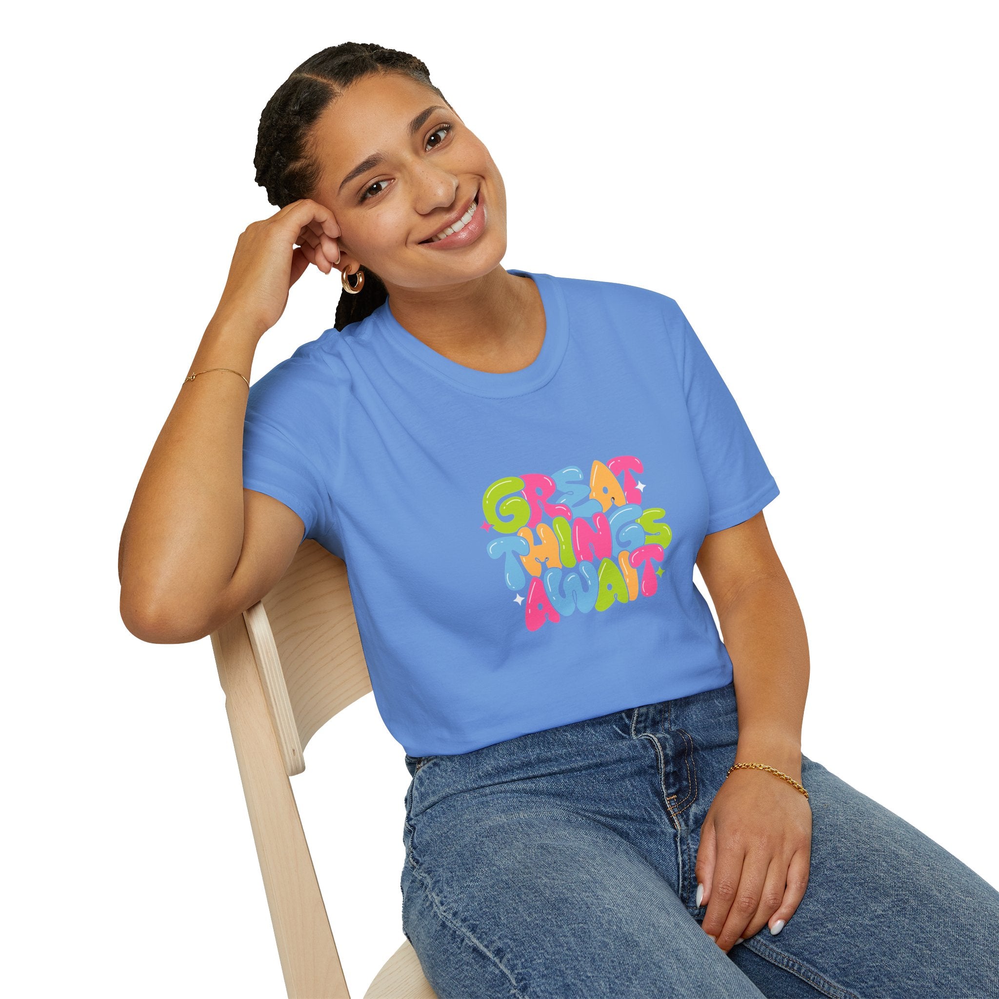 Great Things Await Unisex Softstyle T-Shirt - Vibrant Motivational Tee