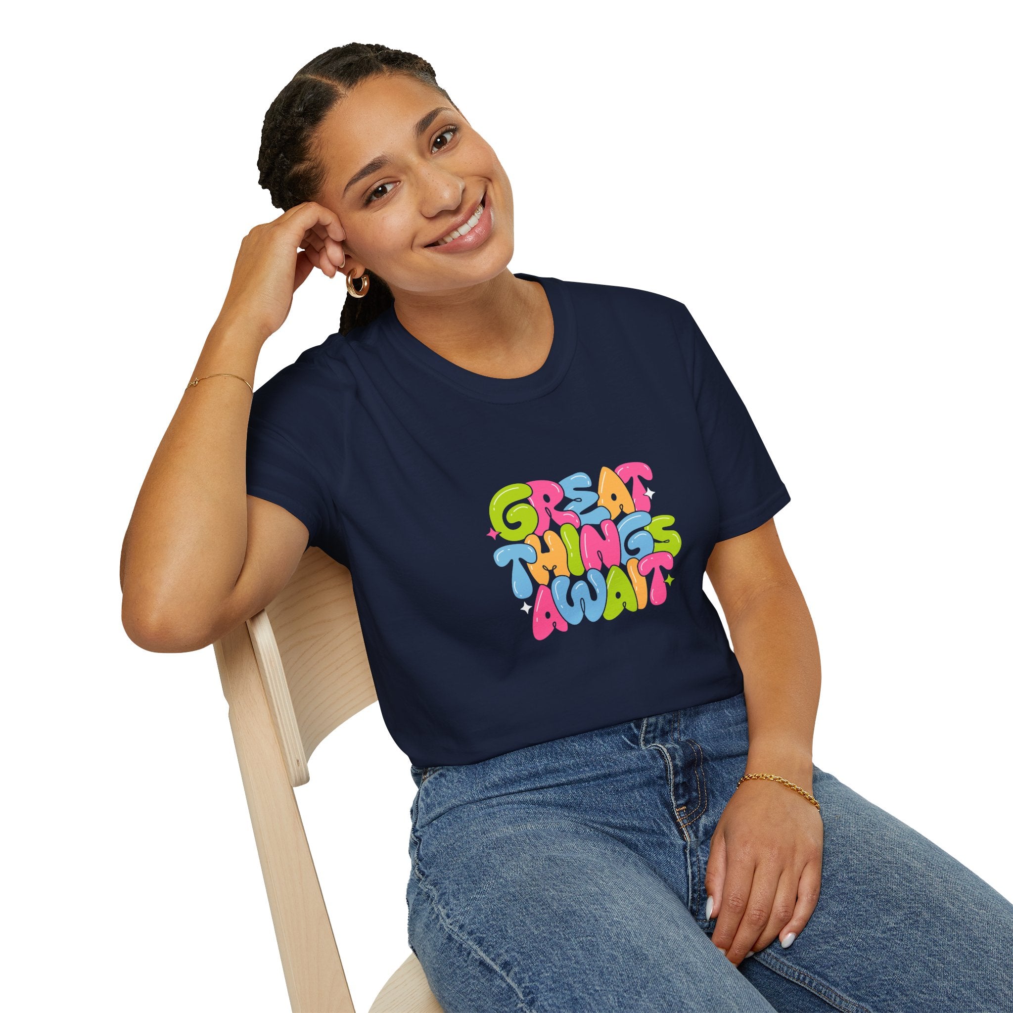 Great Things Await Unisex Softstyle T-Shirt - Vibrant Motivational Tee