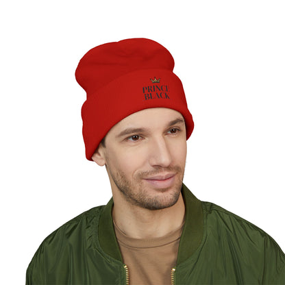 Embroidered Classic Cuffed Beanie - 'Prince Black' White Hat