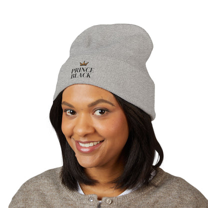 Embroidered Classic Cuffed Beanie - 'Prince Black' White Hat