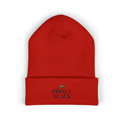 Embroidered Classic Cuffed Beanie - 'Prince Black' White Hat