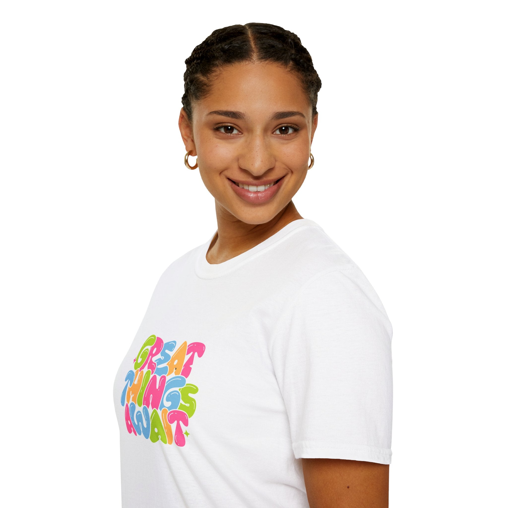 Great Things Await Unisex Softstyle T-Shirt - Vibrant Motivational Tee
