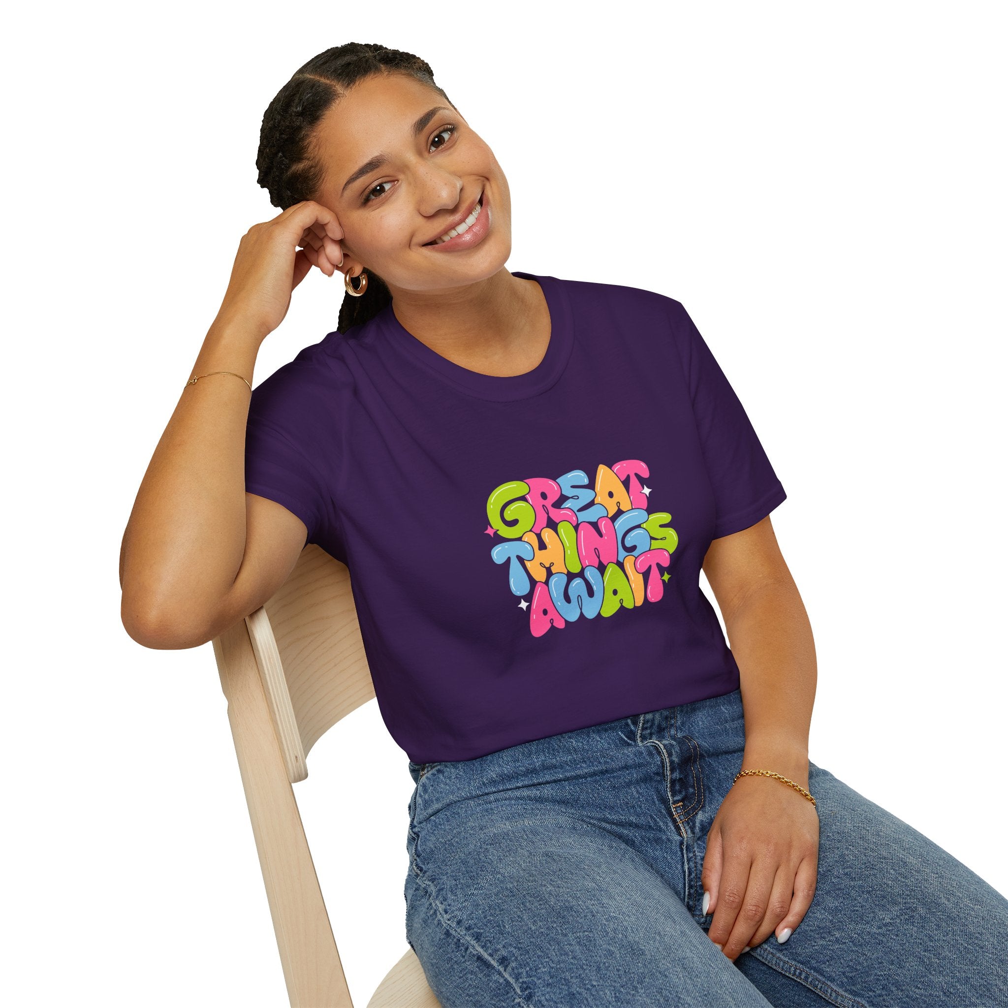 Great Things Await Unisex Softstyle T-Shirt - Vibrant Motivational Tee