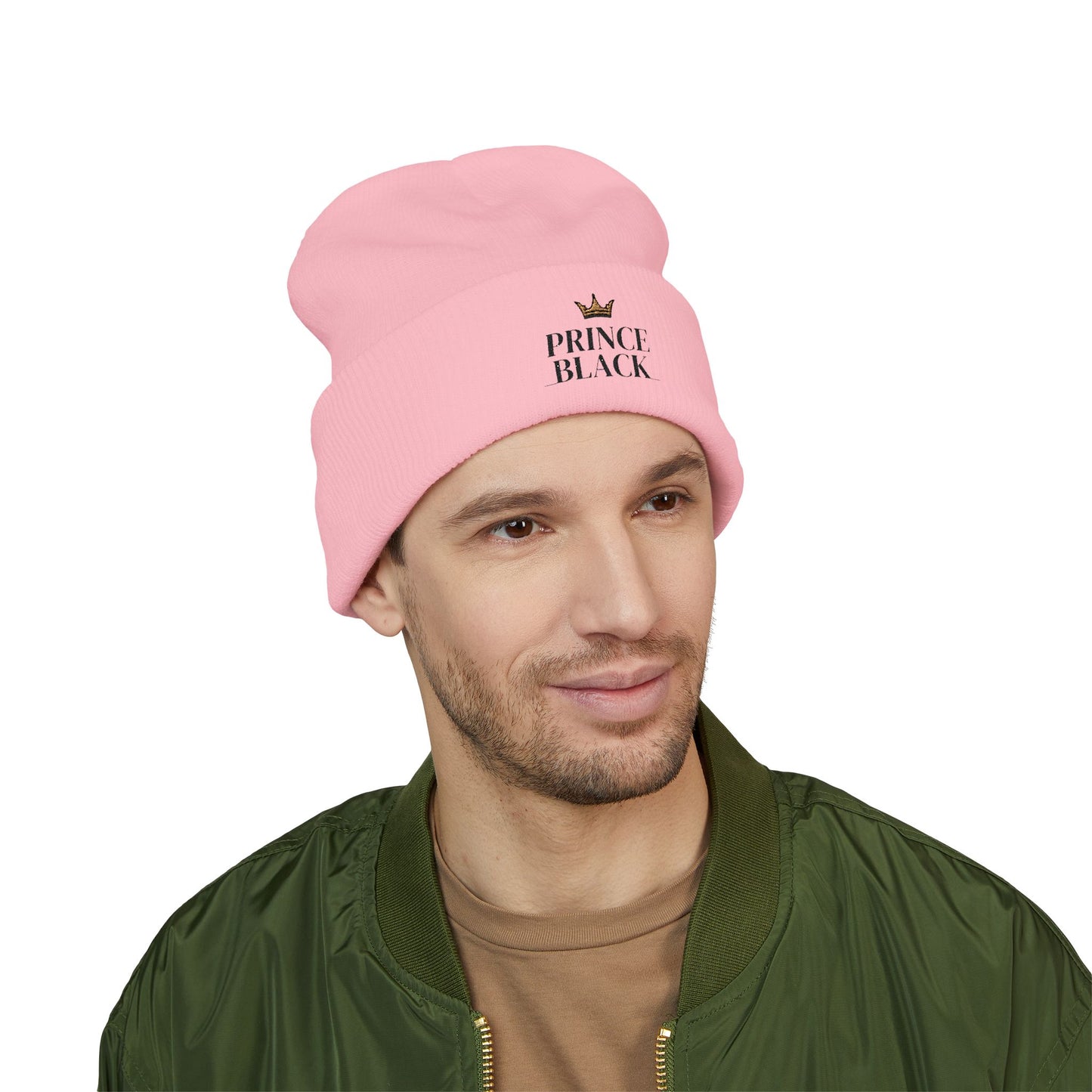 Embroidered Classic Cuffed Beanie - 'Prince Black' White Hat