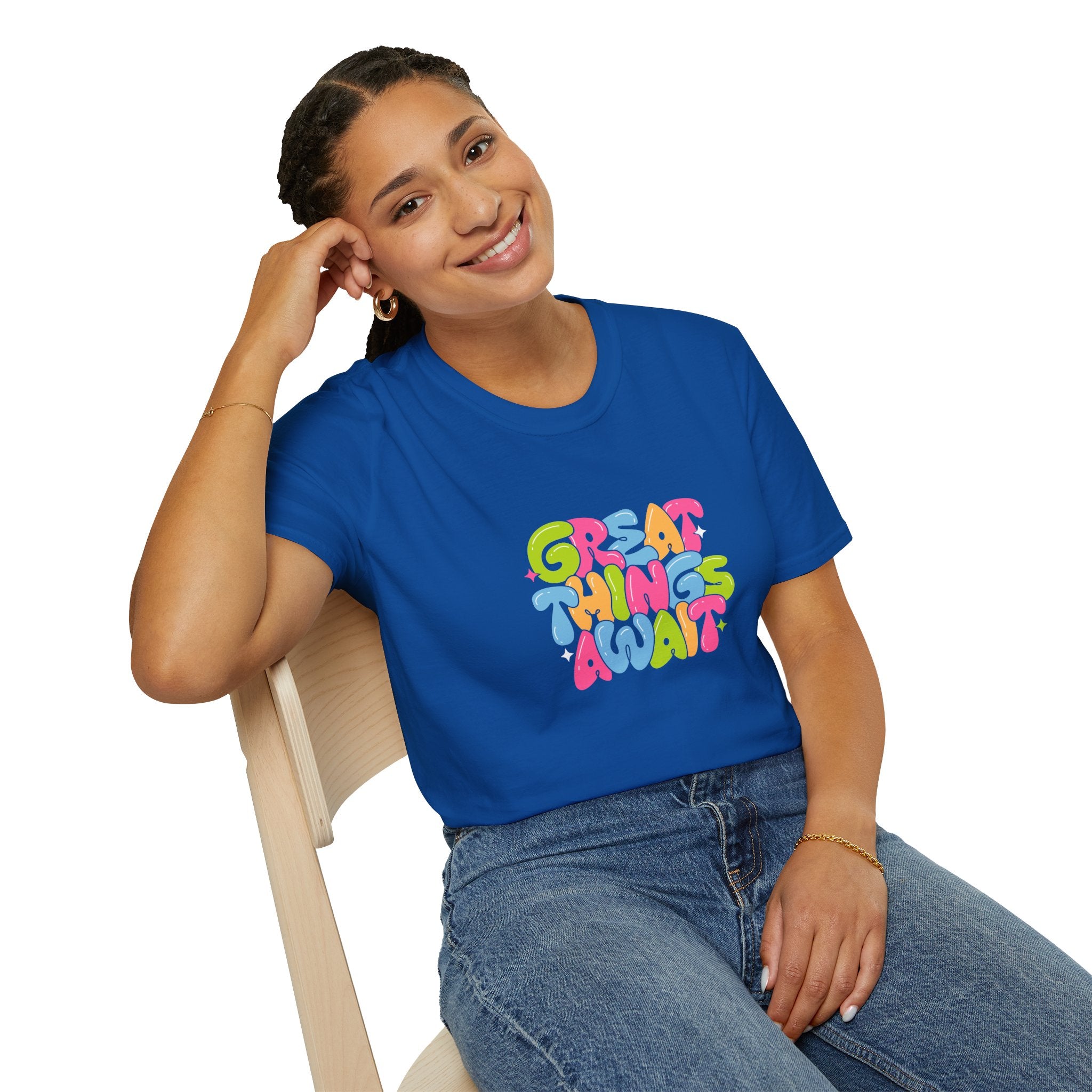 Great Things Await Unisex Softstyle T-Shirt - Vibrant Motivational Tee