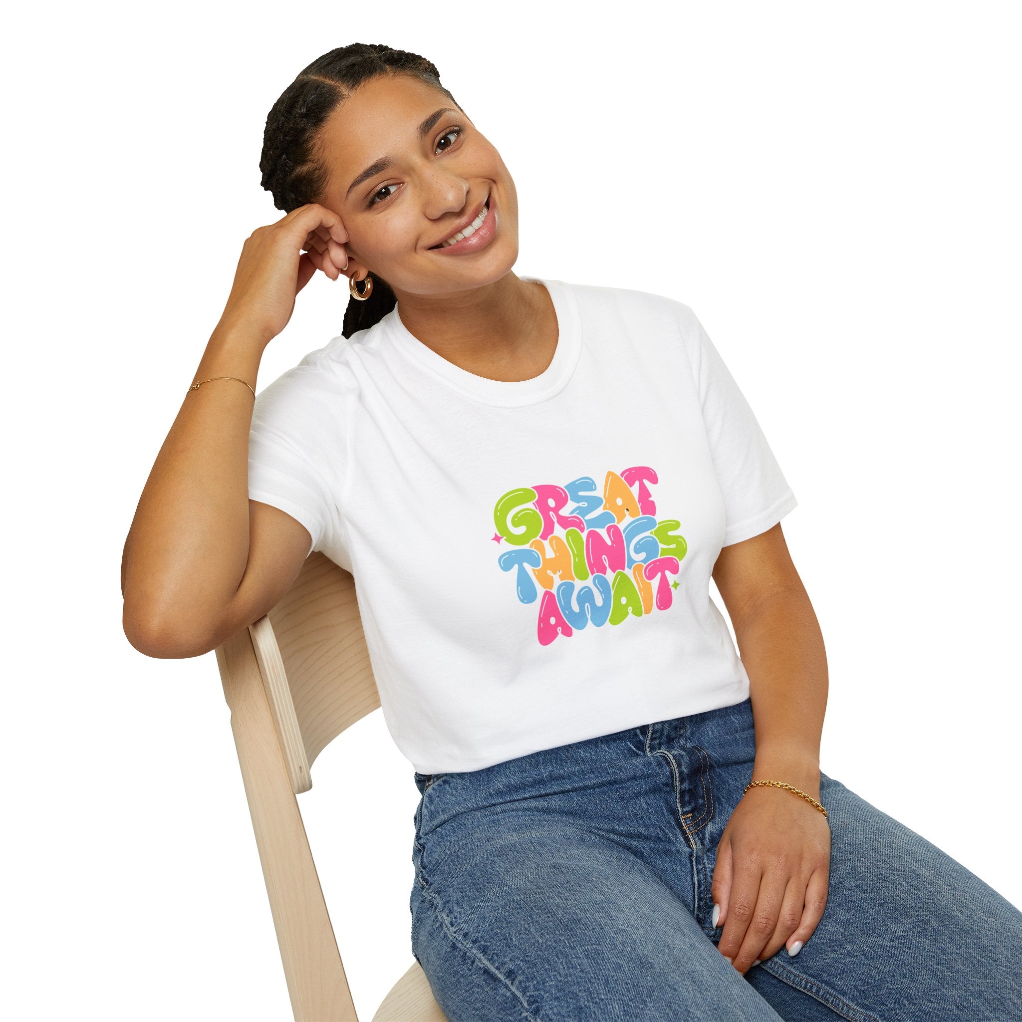 Great Things Await Unisex Softstyle T-Shirt - Vibrant Motivational Tee