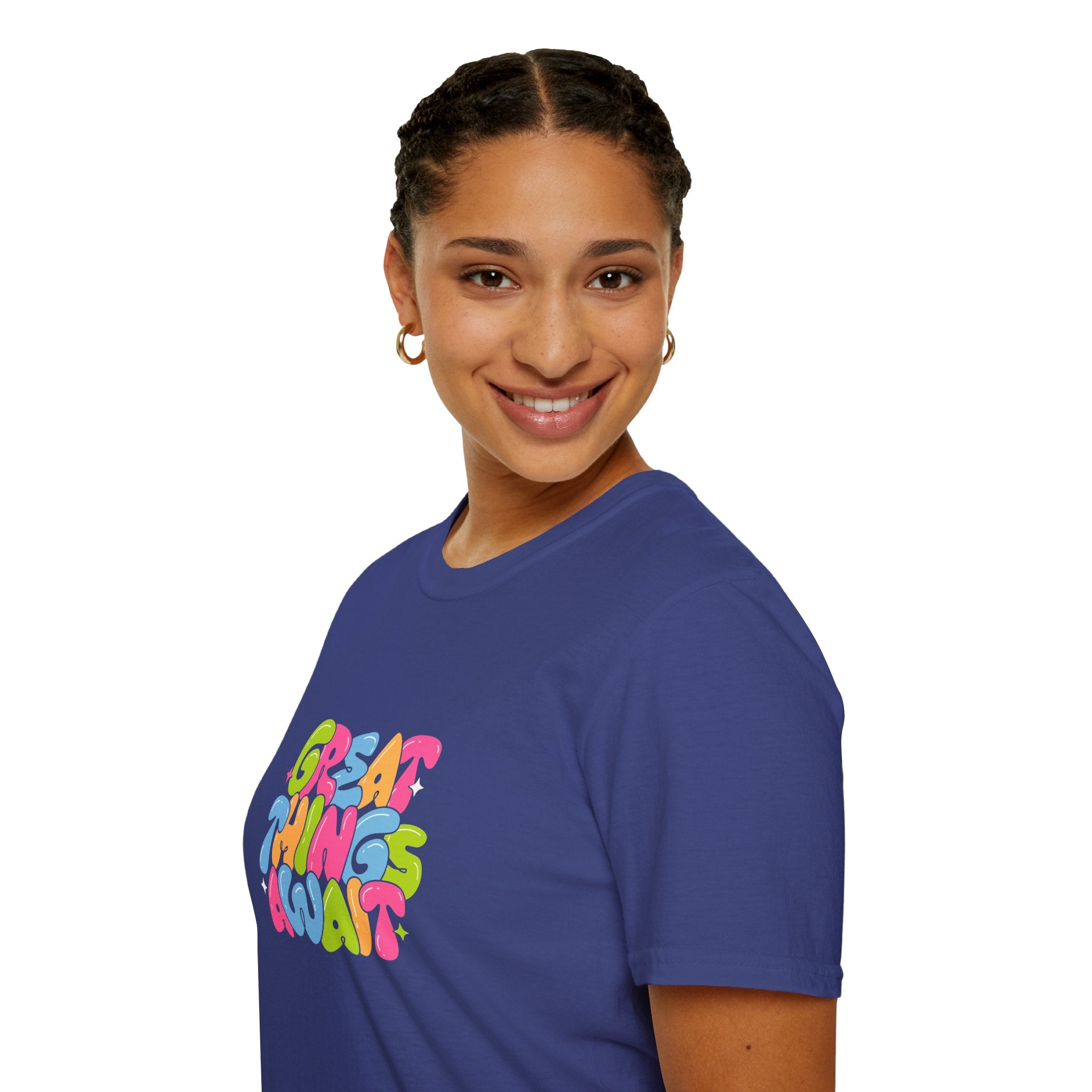 Great Things Await Unisex Softstyle T-Shirt - Vibrant Motivational Tee