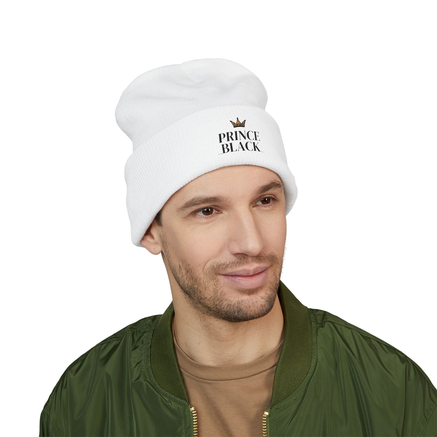 Embroidered Classic Cuffed Beanie - 'Prince Black' White Hat